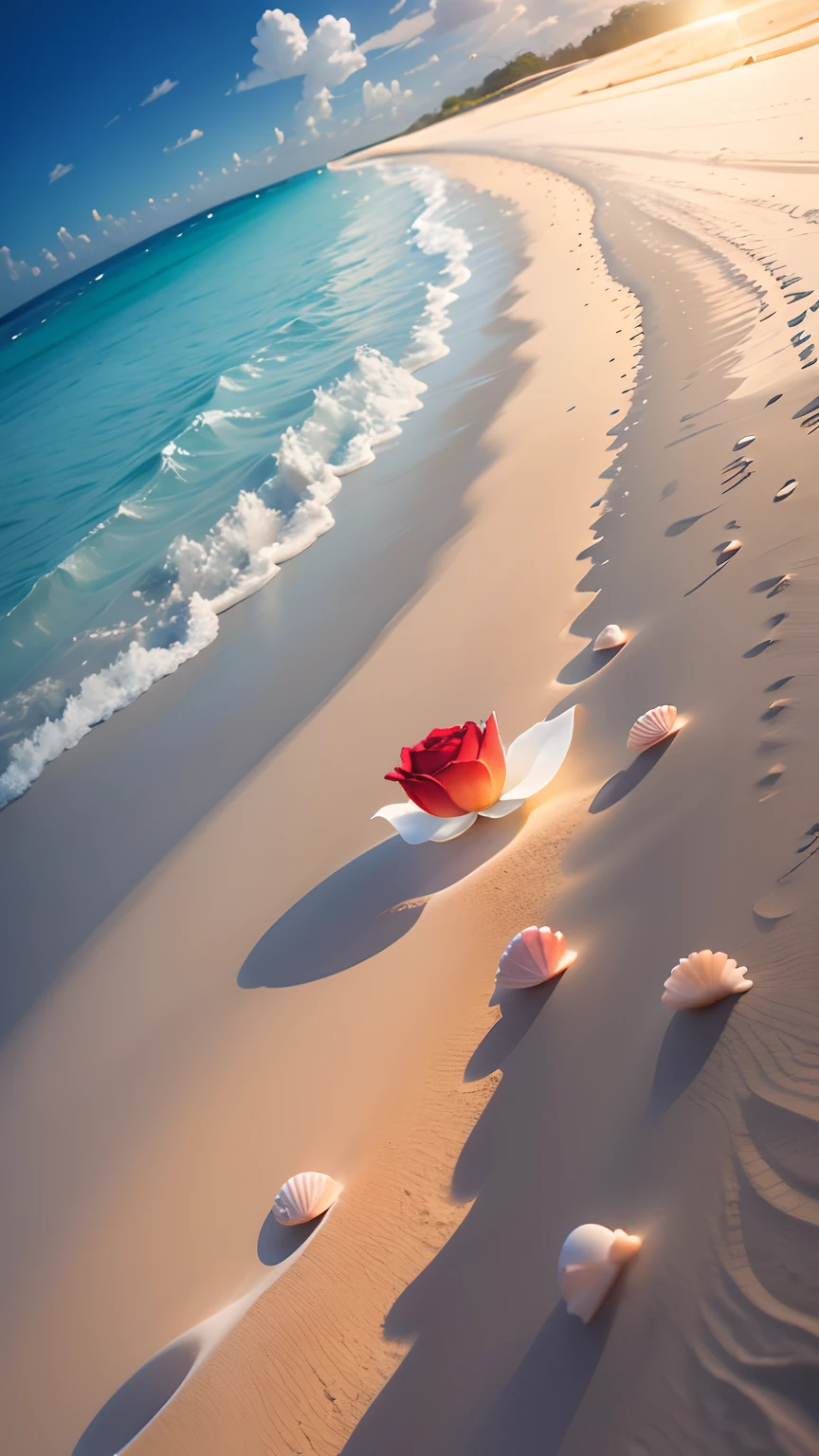Exquisite scenes,depth of fields,8K,The ivory sky,White clouds,The sun shines on the snow-white sand。The coral sea,There are many small colorful shells on the beach,red rose,Rose flower,sexy beauty