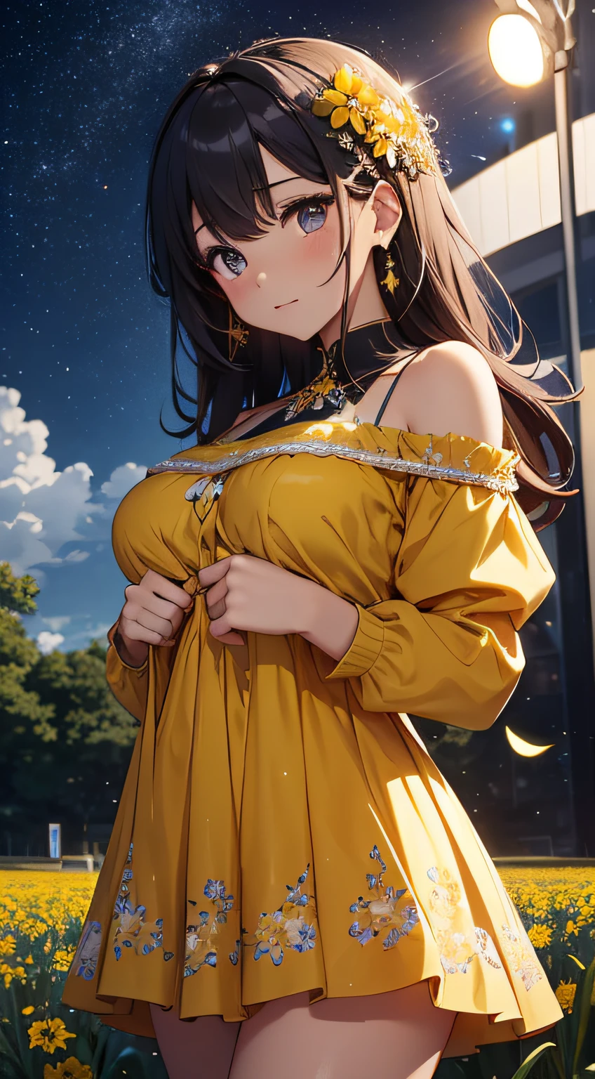 masterpiece、Background with((Fantastic starry sky、kosmos、Meteor swarm、Luminescent yellow flowers all over the place、flower field))、About 30 years old、a beauty girl、glamor、huge tit、It's so big that it almost overflows from your clothes、Great embroidery on a yellow mini dress with a lot of exposed skin、No Shoulder、Exposing the chest、Taking it off、She wears her hair in a beautiful floral ornament、heavy wind、pantiy、Underwear is visible