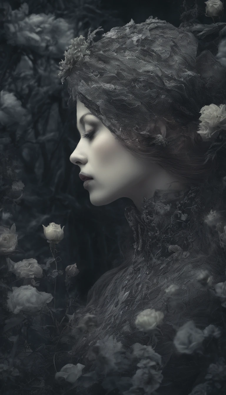 Girl in the garden,illustration,detailed flowers,Best quality,A high resolution,Ultra-detailed,Realistic,Intricate details,Soft lighting,Vibrant colors,Bokeh,Peaceful atmosphere,Tranquil Mood,serene environment,The harmony between nature and human existence