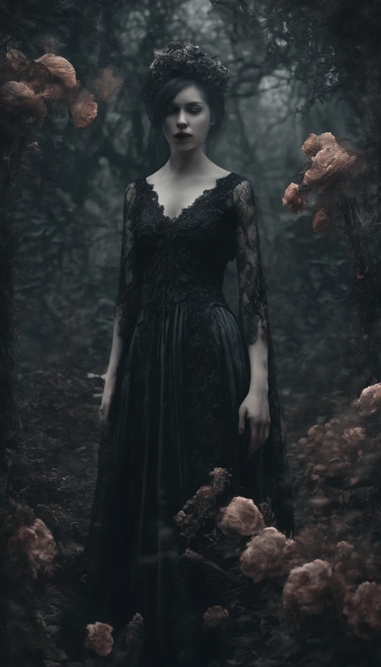 beautiful woman, fashion model, wearing provocative, sexy, beautiful, detailed fashion design clothes, looking at the sky with her hands and feet apart, inside a dark forest, with burned trees all over hair, and volumetric light coming from behind, perfect face and body, gloomy scary atmosphere, fog in the ground, dark style, hyper-realistic, 8K, black and white image with only colored red lips, full body, far view,