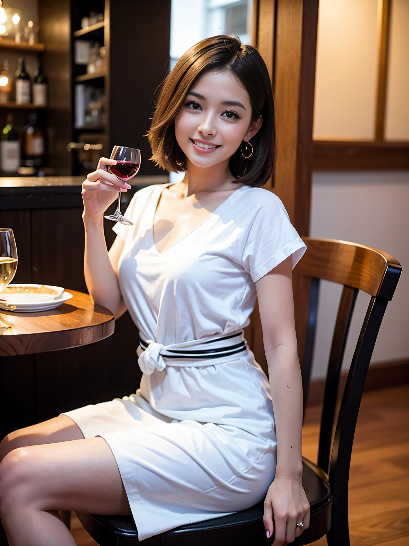 (64K、UHD、top-quality、masterpiece:1.2)、(realisitic、Photorealsitic:1.37)、Beautuful Women、Woman with good posture、japanes、Italian women、French women、Beautiful woman with a nice smile、Pretty women、(Slim Faces)、(Slim body)、(brawn hair)、(short-cut)、short sleeved shirt、Neat and clean dresses、suits、Half Beauty、Longhaire、Wine Party、(45 yers old)、48yo、Wine lover、Enjoying a glass of wine、Beautiful detailed urban night view outside the window、resturant、Have a wine glass、Italian cuisine on the table、(from waist up)、Beautuful Women、Beauty Witch、date、(a smile:1.15)、Beautiful fine eyes、Sitting on a chair、natta、(short-hair:1.2)、Float NovaFrogStyle、女優、modeled、from waist up、wine bottle、white wine、Slimed、wine glasses、red wine、Happy smile、Super blissful