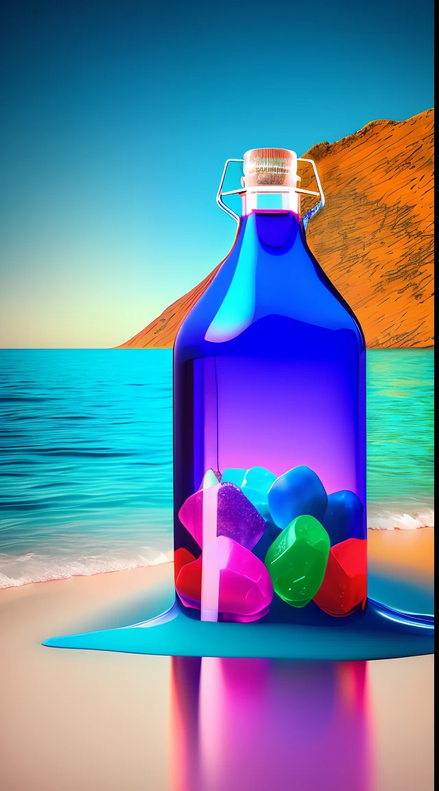 A huge bottle on the water, the bottle is colored candy, dreamlike background, rendering, 8K HD,
