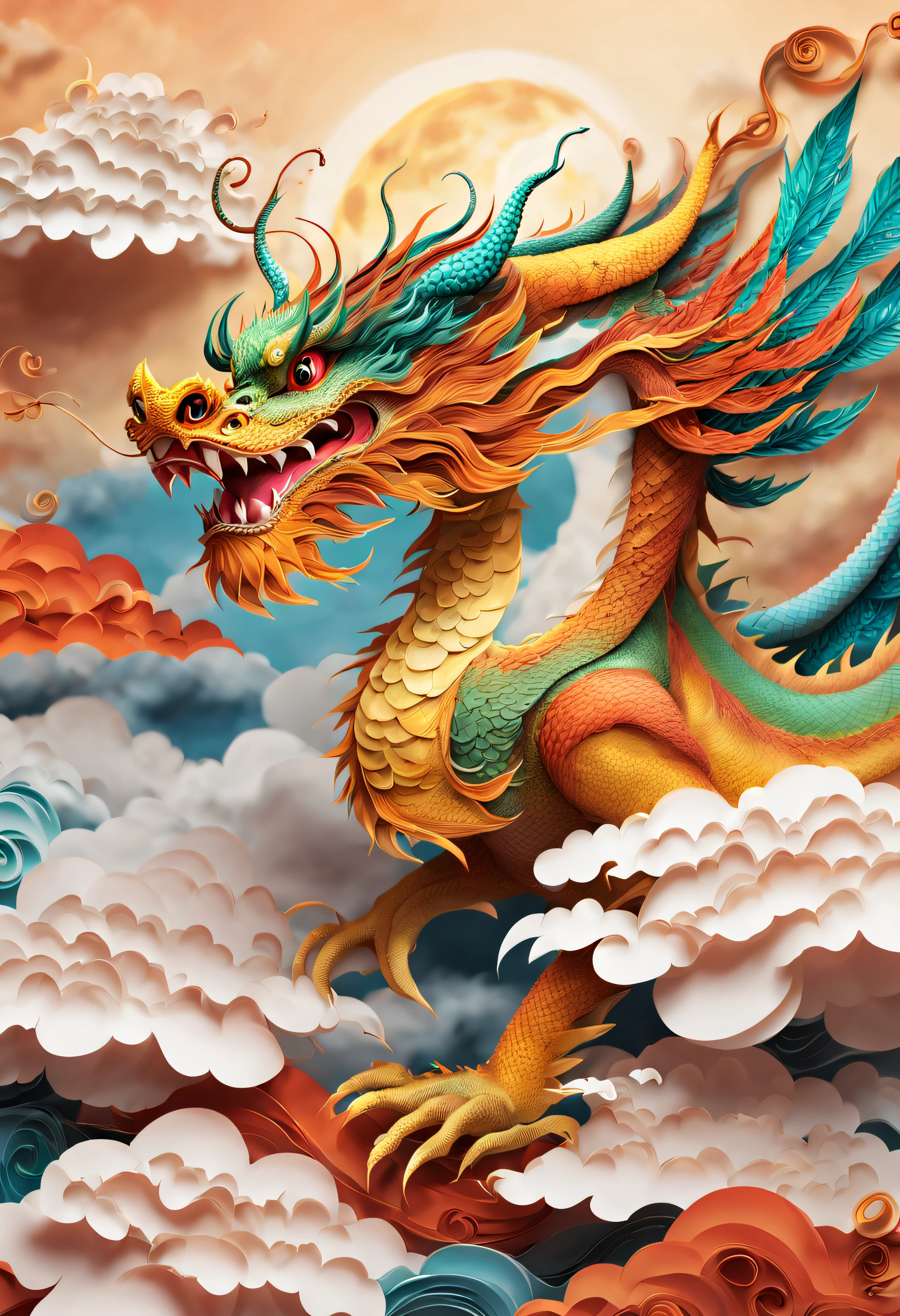 Cute deformed dragon、Flying above the clouds、Laughing、Papercut、Perfect litthing、high-detail、high-level image quality、High color rendering、hight resolution、A hyper-realistic、photo realistic