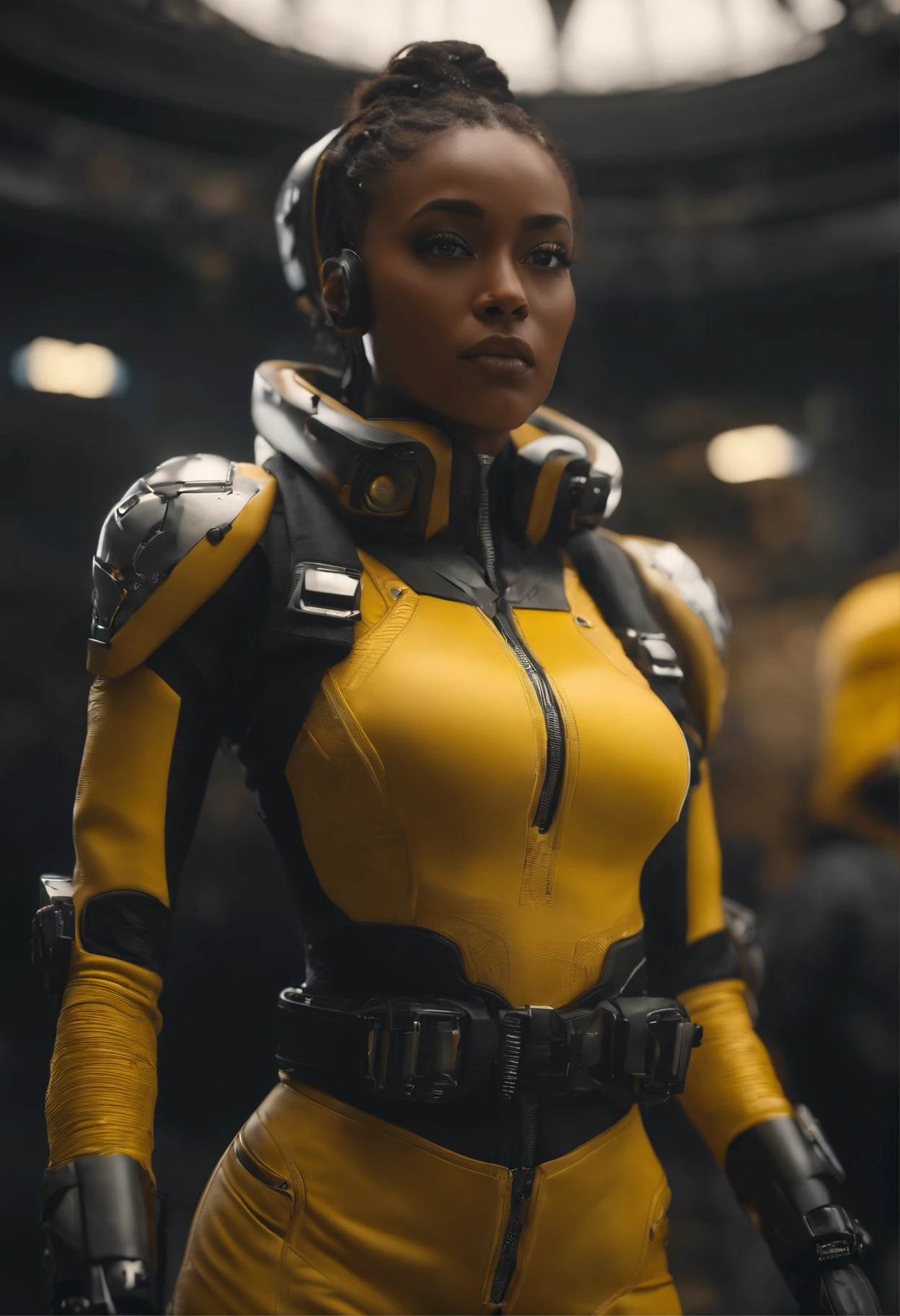 solo, deep ebony 1girl, black girl, beautiful face, {{ braided hair }}, black lips, a female character is wearing a yellow and black colored outfit with a backpack and a yellow hoodie jacket, dark black and yellow, sports leisure, green eyes, long hair, diamond earrings, cybernetically enhanced, medium breasts, she is standing in front of spaceships and satellites, starry night sky, pigeoncore, neo-dadaist, Asuka Langley, neon genesis EVA suit, mechanized precision, space crew member, she holds an important position, in crowd spectator at a tech conference in the style of mecha sci-fi anime, 8k, best quality, highres