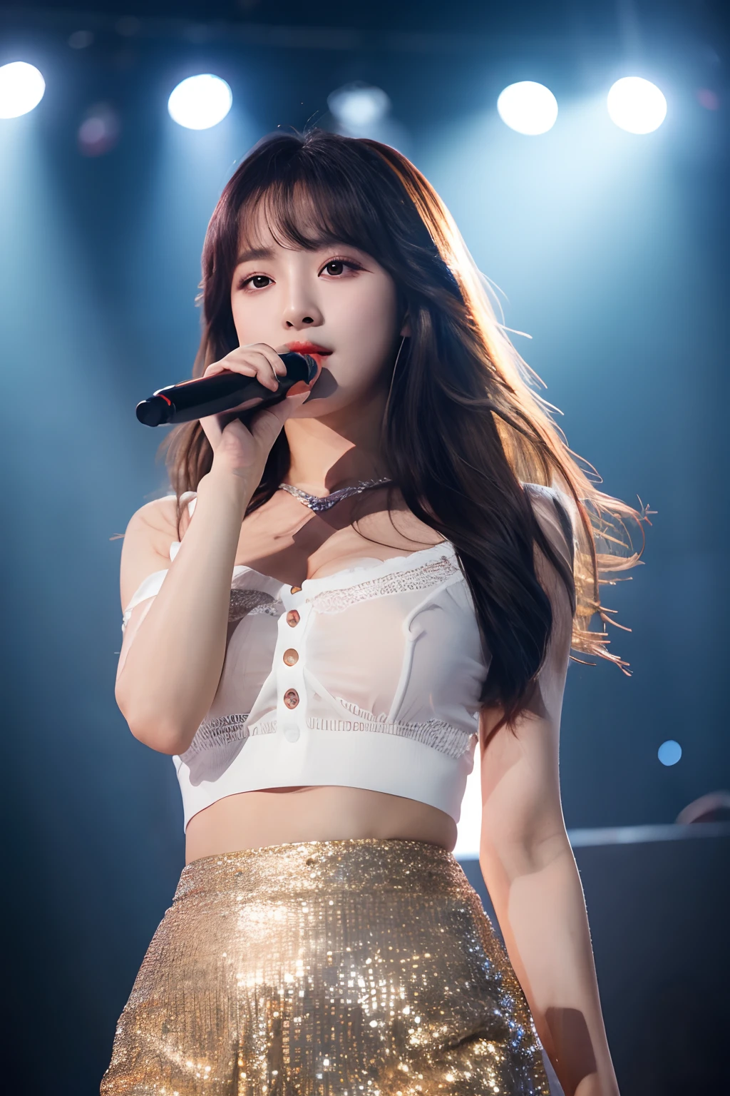 4k, high-res, best quality, (Korean idol), finely detailed skin, smooth face, sharp focus, (cinematic lighting), soft lighting, dynamic angle, [:(detailed face:1.2):0.3], During a K-pop concert, she wears a stylish outfit to dance and sing along, skm_yeon