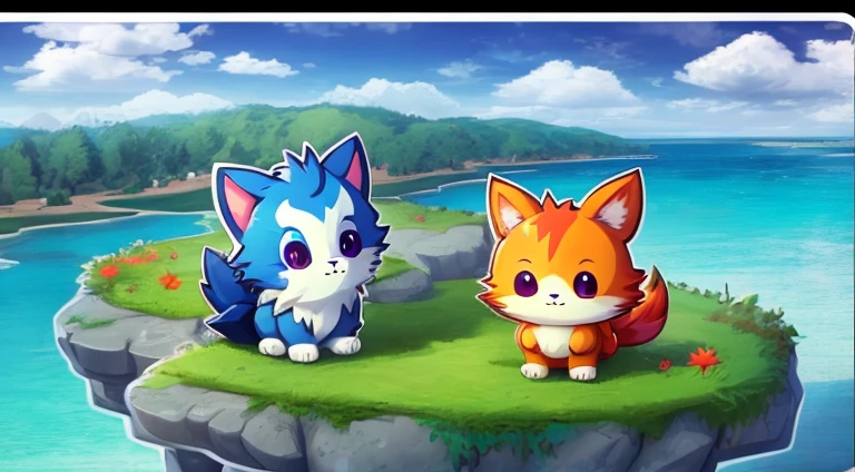 1boys,Artist name,sea beach,blue-sky,boots,clouds,overcast day,daysies,firey,shaggy,gradient sky,horizon,lakes,mont,the ocean,exteriors,heavenly body,pokemmo\(organism\),Shore,Skysky,ssmile,yuki,sunraise,Eau,wave,Anime characters have cats and dogs in the snow, Official Splash Art, buizel and human fusion, onmyoji, komono, trending on cgstation, key art, character art of maple story, background-image, offcial art, side scroller, Genshin, Stylized anime, promotional art