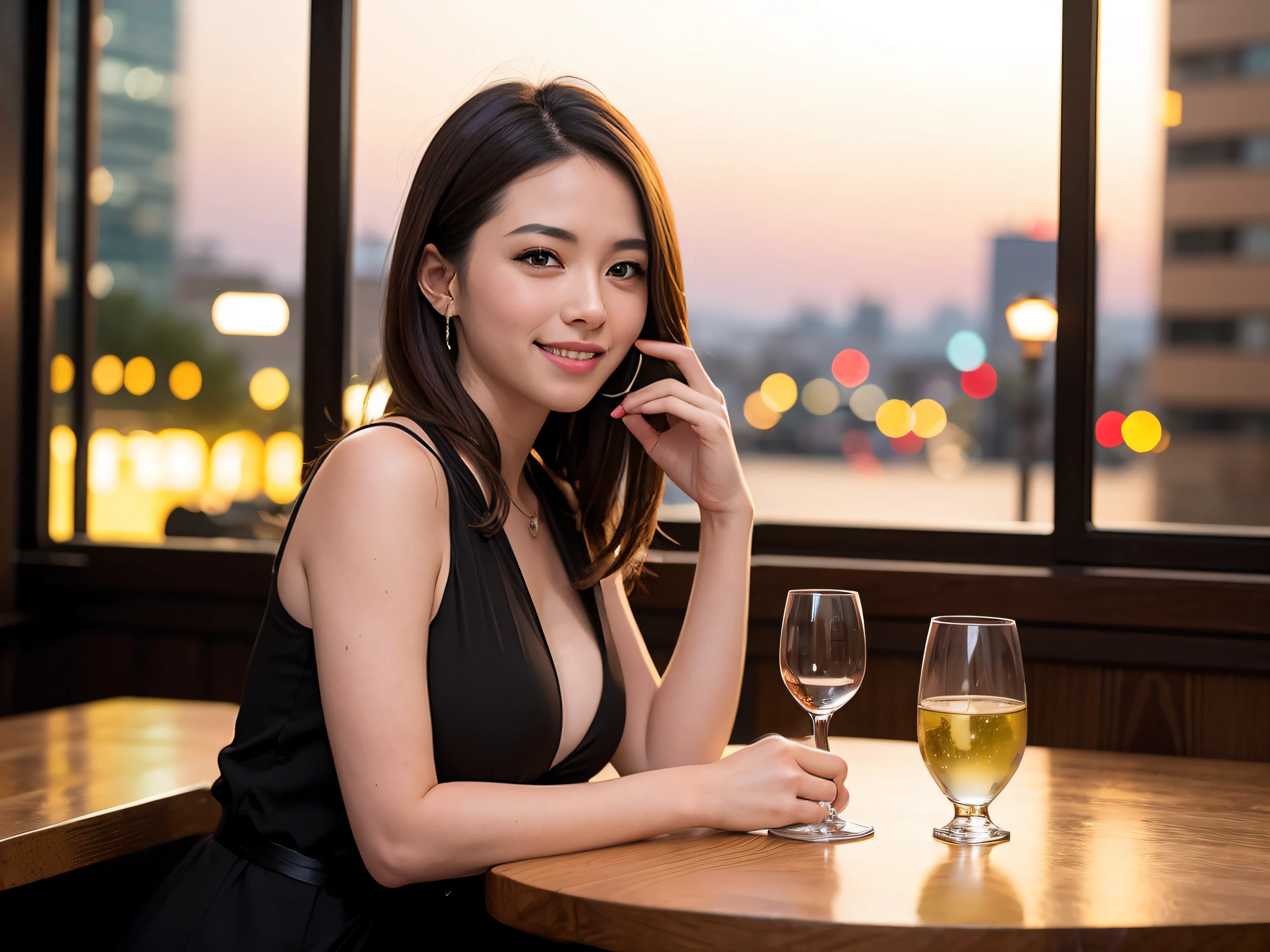 (64K, UHD, top quality, masterpiece: 1.2), (realistic, photorealistic: 1.37), super detailed, pretty woman 1 person, (slim face), (slim body), (brown hair), (short cut), cheeks slightly blushing, (42 years old), 38 years old, solo, beautiful detailed urban night view outside the window, restaurant, wine glasses sit, night, in a prominent place (from the waist up) NovaFrogStyle, Actress, Model, Waist Up, White Wine, Slim, Wine Glass, Super Clean Night View, Wine Glass Put in the Middle, Happy Smile, (Smile: 1.15), Beautiful Fine Eyes, Upper Body, Bust Japan Up, Night, Short, Short, Actress, Model, Waist Up, White Wine, Slim, Wine Glass, Super Clean Night View, Wine Glass Put in the Middle, Happy Smile,