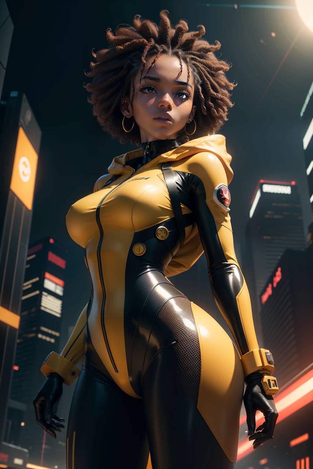 RAW, Masterpiece, Super Fine Photo, Ultra High Resolution, Photorealistic, Sunlight, Full Body Portrait, Stunningly Beautiful, Dynamic Poses, Delicate Face, Vibrant Eyes, solo, deep ebony 1girl, black girl, beautiful face, {{ braided hair / curly afro hair}}, black lips, a female character is wearing a yellow and black colored outfit with a backpack and a yellow hoodie jacket, black, yellow and white sports leisure, yellow futuristic smart goggles, clear lens, green eyes, long hair, diamond earrings, cybernetically enhanced, medium breasts, she is standing in front of spaceships and satellites, starry night sky, pigeoncore, neo-dadaist, Asuka Langley, neon genesis EVA suit, mechanized precision, space crew member, she holds an important position, in crowd spectator at a tech conference in the style of mecha sci-fi anime, 8k, best quality, highres, Unreal Engine:1.4,Ultra-realistic 64K CG, Photorealista:1.4, Skin Texture:1.4, Volumetric fog, 8k uhd, dslr, high quality, film grain, fair skin, photorealism, lomography, sprawling metropolis in a futuristic dystopia, view from below, translucent