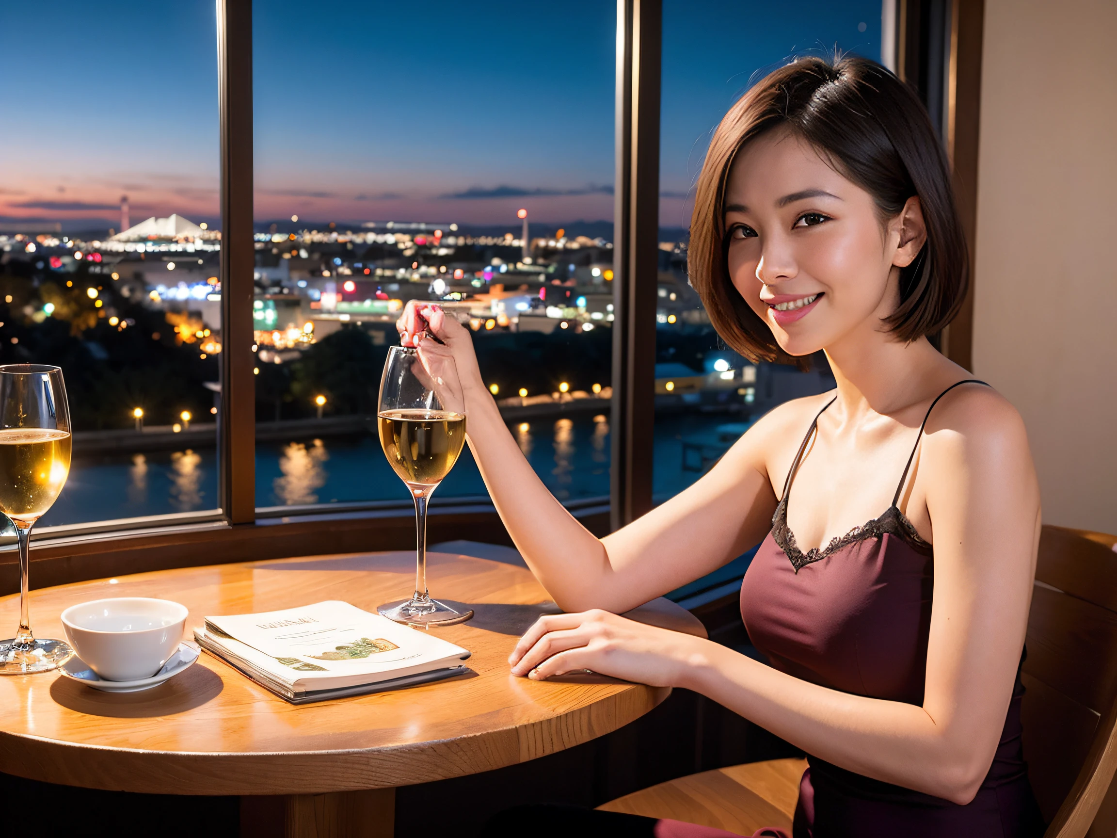 (64K, UHD, top quality, masterpiece: 1.2), (realistic, photorealistic: 1.37), super detailed, pretty woman 1, (slim face), (slim body), (brown hair), (short cut), cheeks slightly blushing, (40 years old), 38 years old, solo, beautiful detailed urban night view outside the window, restaurant, wine glass sitting, at night, in a prominent place (from the waist up) NovaFrogStyle, Actress, Model, Waist Up, White Wine, Slim, Wine Glass, Super Clean Night View, Wine Glass Put in the Middle, Happy Smile, (Smile: 1.15), Beautiful Fine Eyes, Upper Body, Bust Japan Up, Night, Short, Short, Actress, Model, Waist Up, White Wine, Slim, Wine Glass, Super Clean Night View, Wine Glass Put in the Middle, Happy Smile,