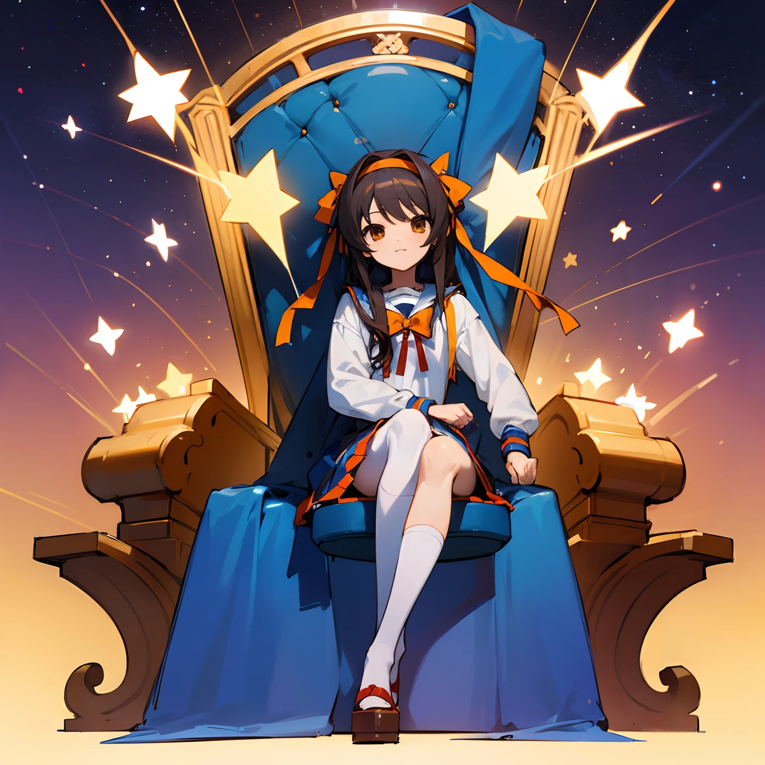 frontage suzumiya haruhi sitting in a throne the background is the universe