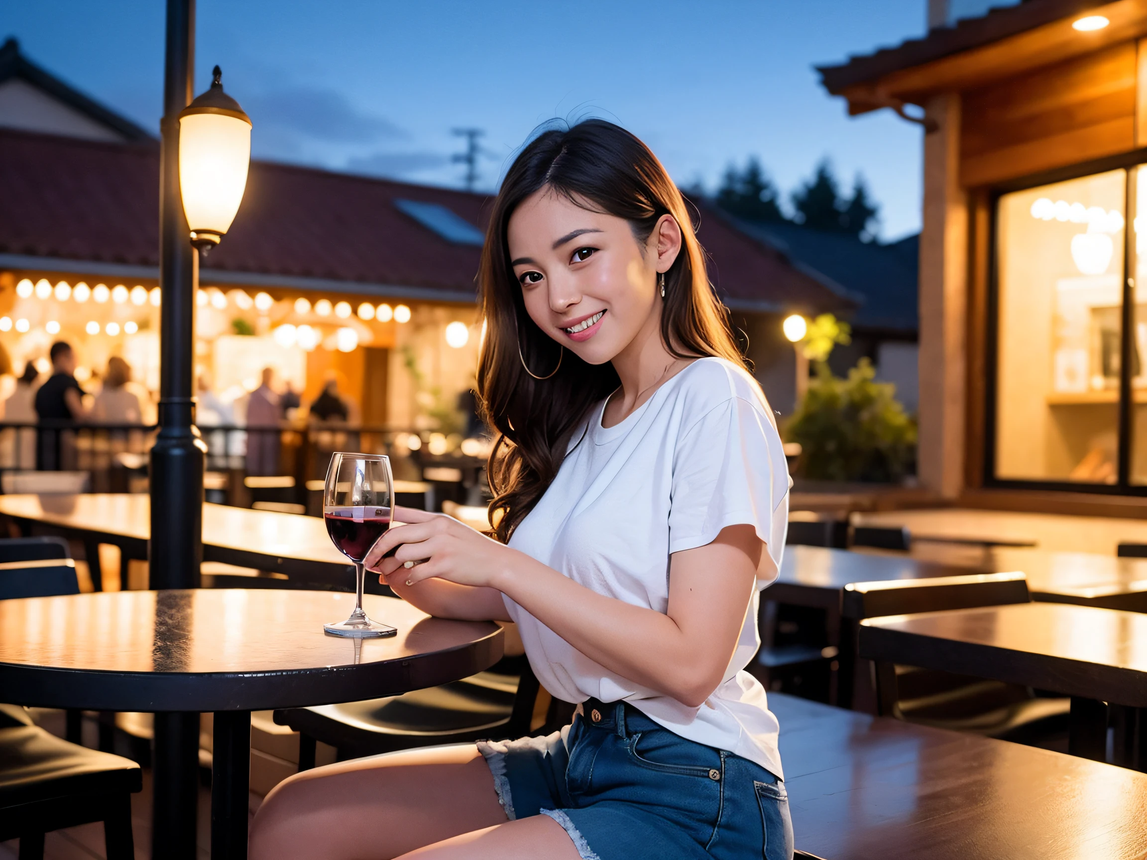 (64K, UHD, top quality, masterpiece: 1.2), (realistic, photorealistic: 1.37), super detailed, pretty woman 1, (slim face), (slim body), (brown hair), (short cut), cheeks slightly blushing, (40 years old), 38 years old, solo, beautiful detailed urban night view outside the window, restaurant, wine glass sitting, at night, in a prominent place (from the waist up) NovaFrogStyle, Actress, Model, Waist Up, White Wine, Slim, Wine Glass, Super Clean Night View, Wine Glass Put in the Middle, Happy Smile, (Smile: 1.15), Beautiful Fine Eyes, Upper Body, Bust Japan Up, Night, Short, Short, Actress, Model, Waist Up, White Wine, Slim, Wine Glass, Super Clean Night View, Wine Glass Put in the Middle, Happy Smile,