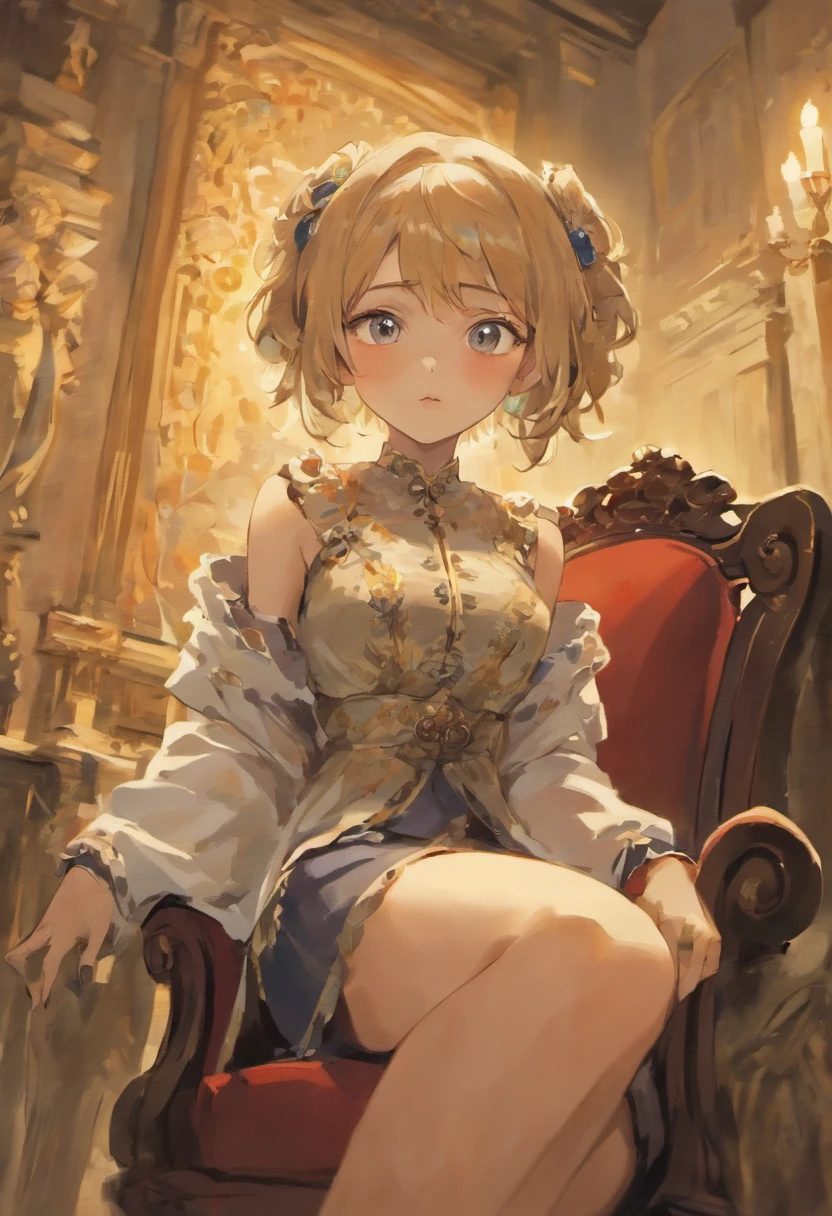 beautiful relaxed woman, sitting, chair, classical painting, portrait, detailed eyes, detailed lips, elegant atmosphere, graceful posture, soft lighting, oil painting style, rich colors, serene expression, luxurious setting, vintage furniture