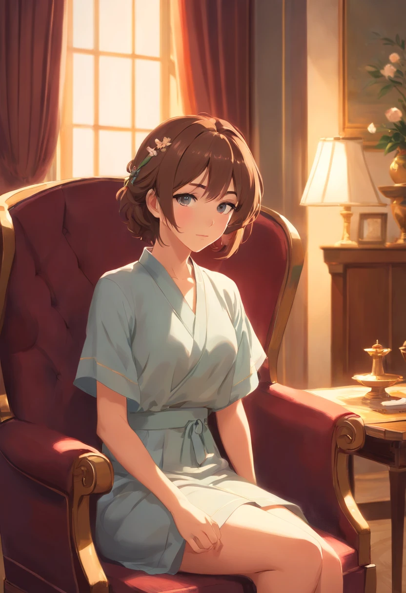 beautiful relaxed woman, sitting, chair, classical painting, portrait, detailed eyes, detailed lips, elegant atmosphere, graceful posture, soft lighting, oil painting style, rich colors, serene expression, luxurious setting, vintage furniture
