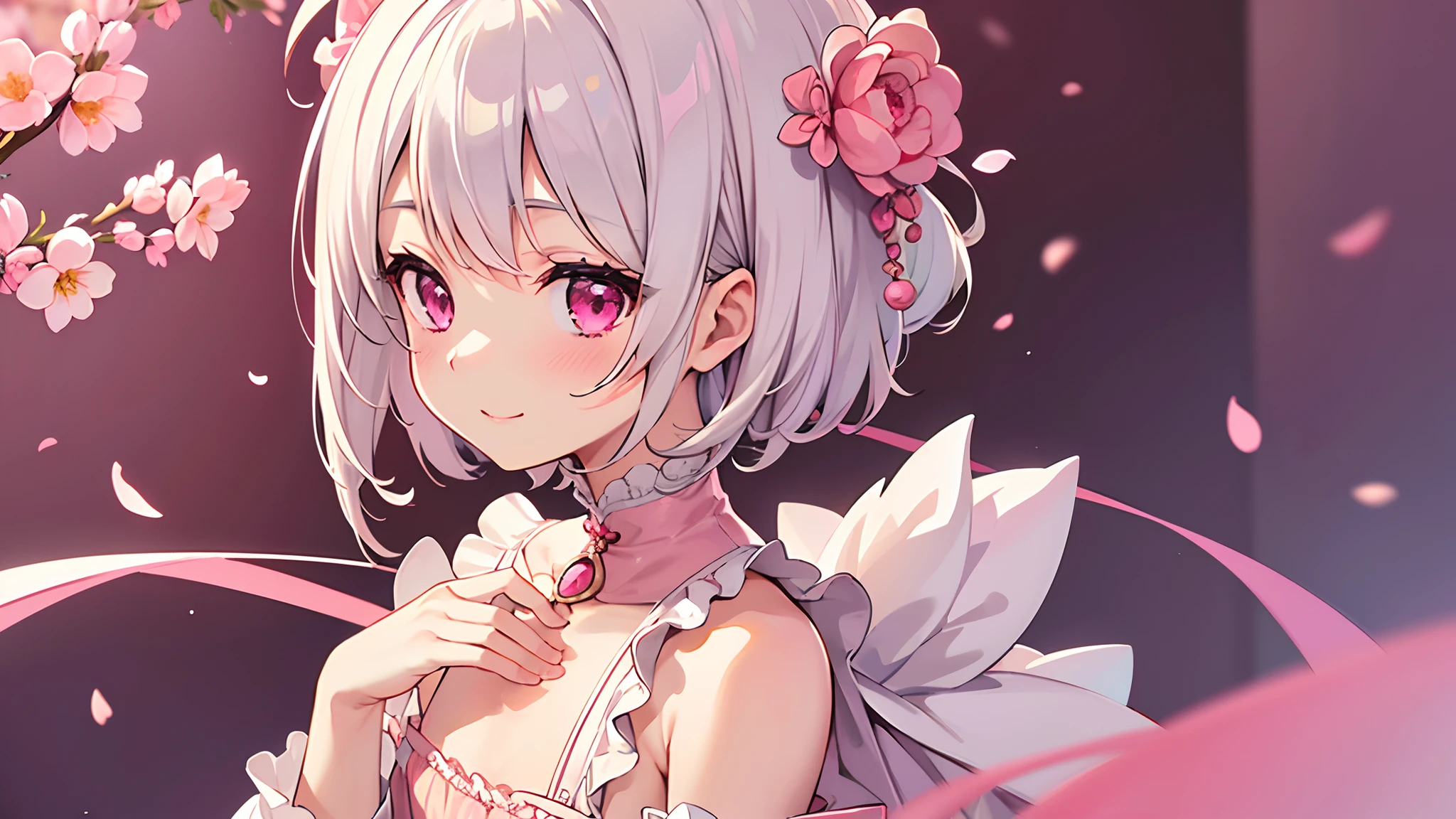 (masterpiece),(Top image quality),hight resolution,(Dainty and cute),(ighly detailed), 1girl, 独奏,illustratio,short,white hair,perm,Pink eyes,Smaller chest,a smile,Cute pink outfit,Focus on her beautiful face,A little erotic,No background