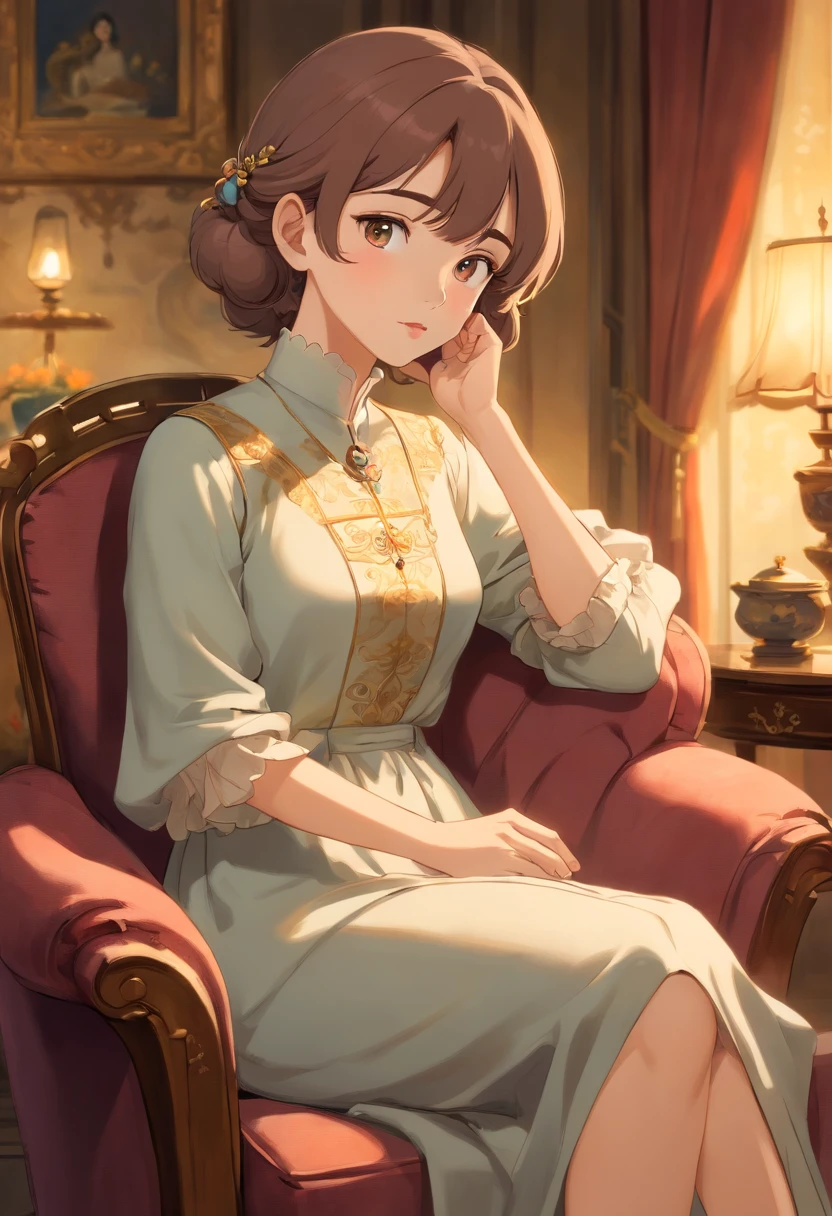 beautiful relaxed woman, sitting, chair, classical painting, portrait, detailed eyes, detailed lips, elegant atmosphere, graceful posture, soft lighting, oil painting style, rich colors, serene expression, luxurious setting, vintage furniture