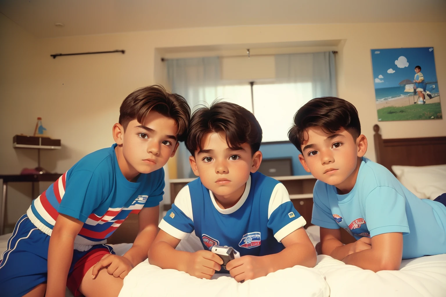 year: 1985. Location: Galicia, Spain. Three Pre-raphelite (((10-year old boys))), playing with toys, bedroom, ((((Clothing from the 1980s)))) ((1980s hairstyle)), ((("OMITB" cinematography)))
