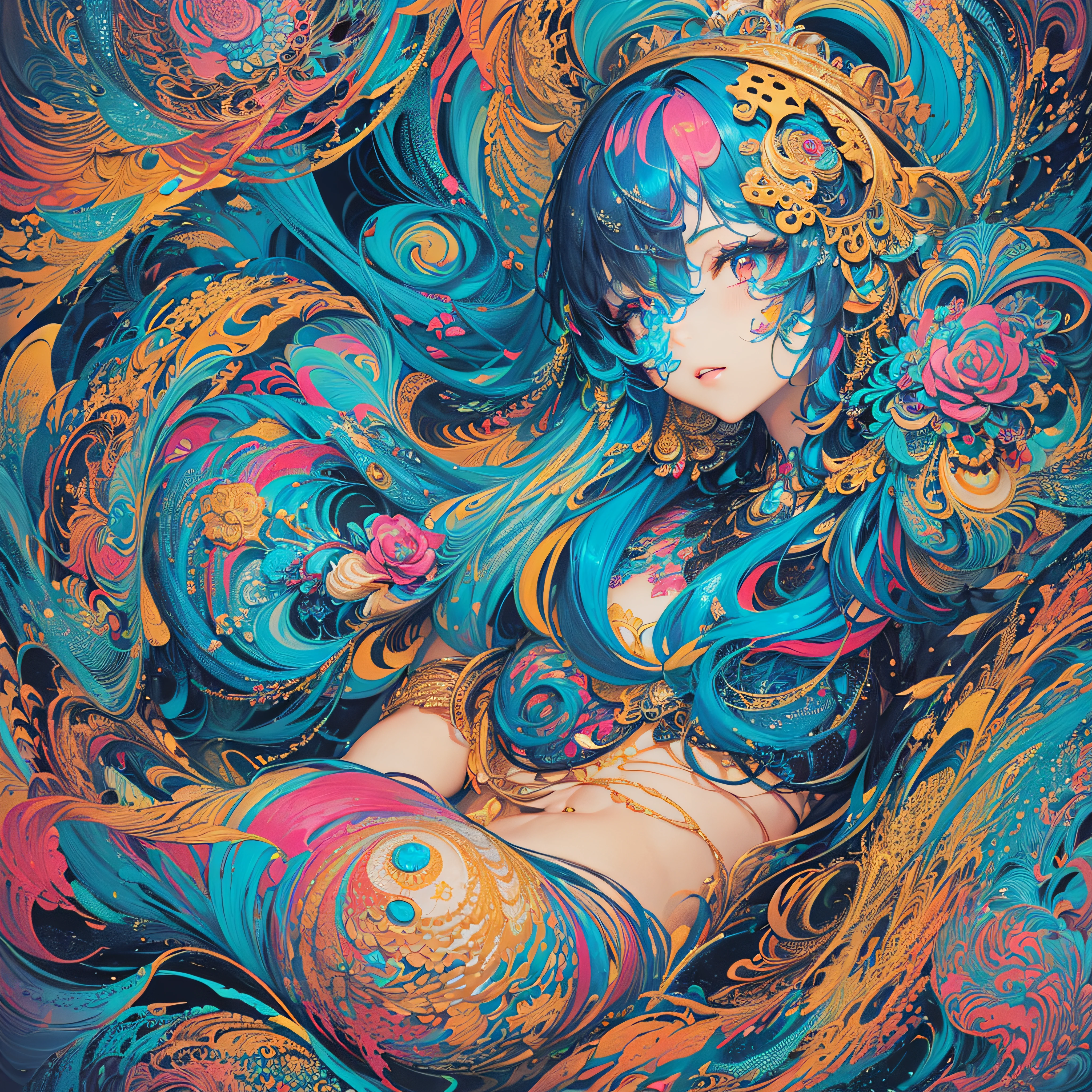 (masutepiece, of the highest quality, Best Quality, Official art, Beautiful and aesthetic:1.2), (1girl in:1.3), Extremely detailed,(Fractal Art:1.2),Colorful,highest details,(Zentangle:1.2), (Dynamic Pose), (Abstract background:1.5), (Parliamentary Dresses:1.2), (Shiny skin), (Many colors:1.4), Upper body, Thin gauze, Off-the-shoulder, blooming flower field, Glowing skin, lightsmile, Camel toe, Sexy, Bust, nakeness,From below,Ass Up wAIT