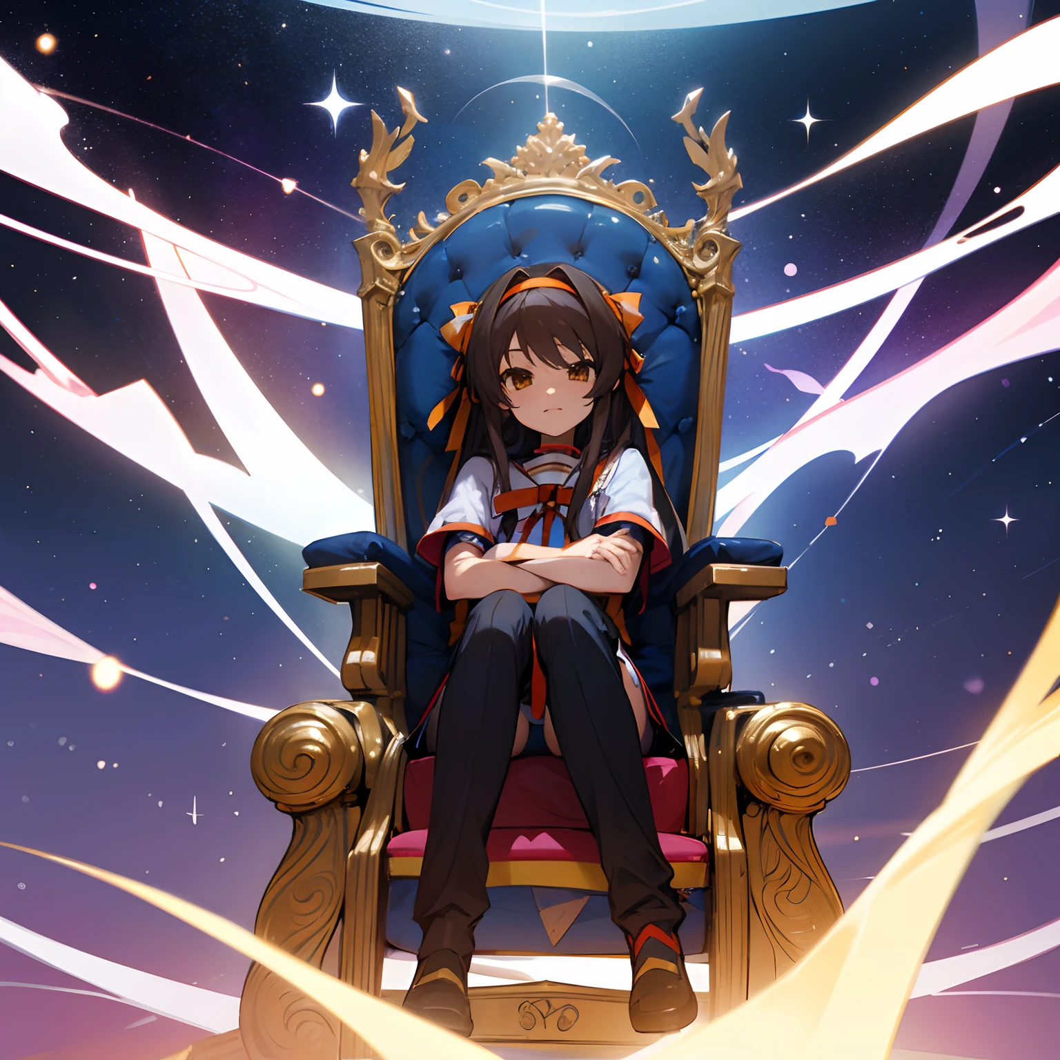frontage　suzumiya haruhi　sitting in a throne　the background is the universe