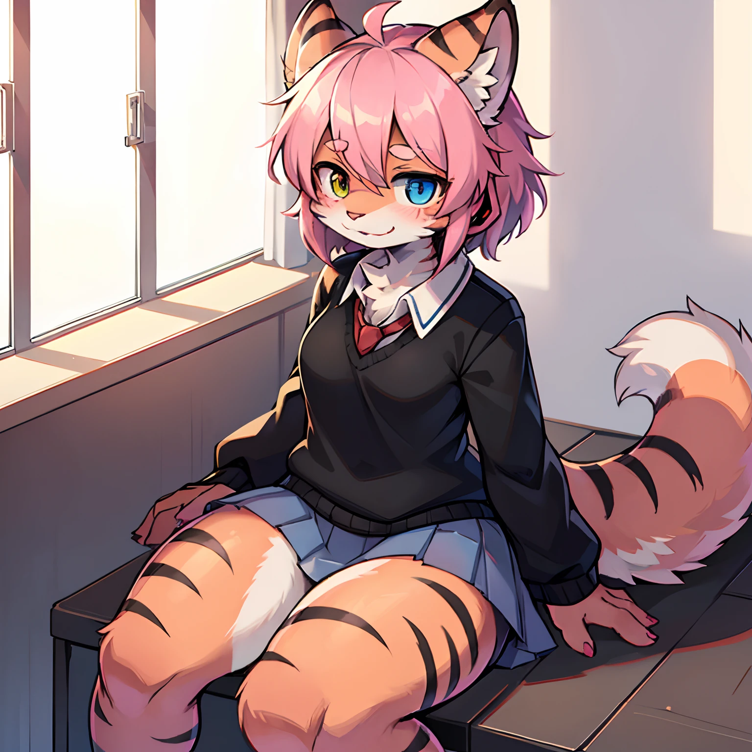 Furry, solo, kemono, Furry woman, pink tiger, The tiger's tail is pink, the tiger's ears are pink. maximum details, light and shadow,  Heterochromia (one eye is red, one eye is blue), pink tomboy hairstyle, school background, student, School shirt, school skirt