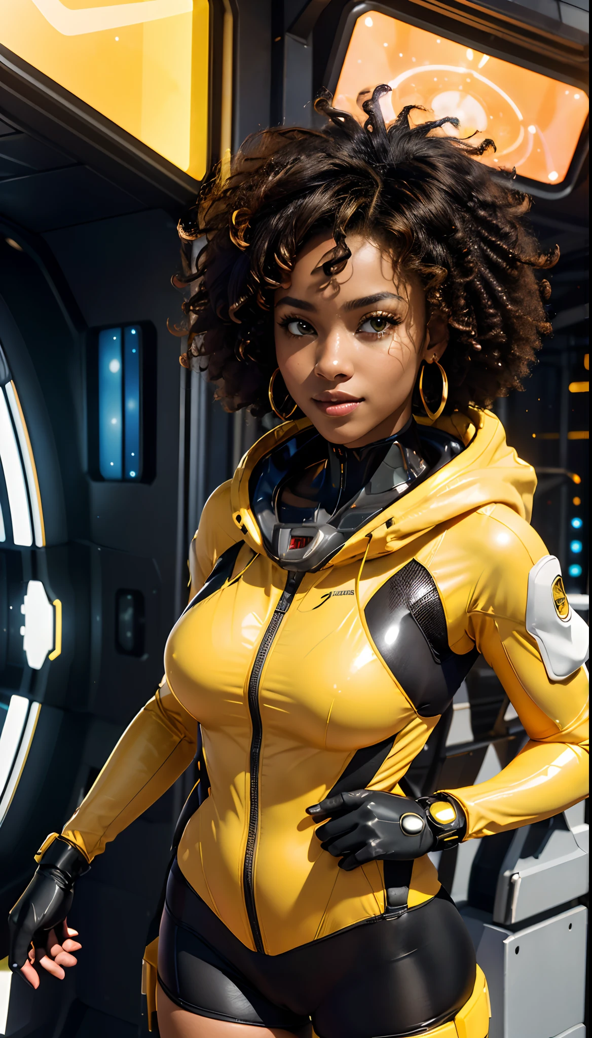 a girl with curly hair, in a yellow suit consisting of honey in honeycombs, many details close-up,hyperdetalization,Greg Rutkowski style