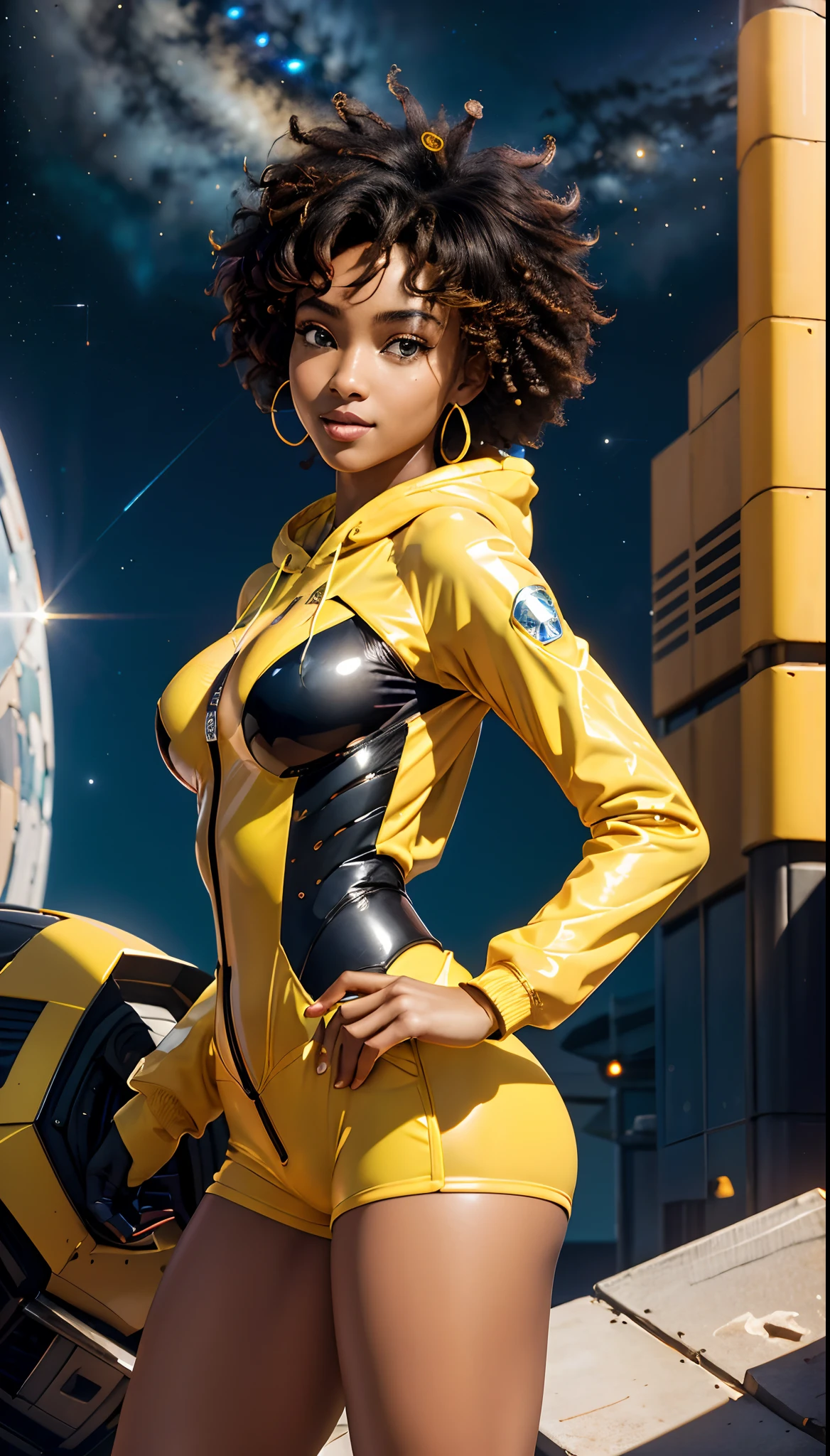 RAW, Masterpiece, Super Fine Photo, Ultra High Resolution, Photorealistic, Sunlight, Full Body Portrait, Stunningly Beautiful, Dynamic Poses, Delicate Face, Vibrant Eyes, solo, deep ebony 1girl, black girl, beautiful face, curly afro hair, black lips, a female character is wearing a yellow and black colored outfit with a backpack and a yellow hoodie jacket, black, yellow and white sports leisure, yellow futuristic smart goggles, clear lens, green eyes, long hair, diamond earrings, cybernetically enhanced, medium breasts, she is standing in front of spaceships and satellites, starry night sky, pigeoncore, neo-dadaist, Asuka Langley, neon genesis EVA suit, mechanized precision, space crew member, she holds an important position, in crowd spectator at a tech conference in the style of mecha sci-fi anime, 8k, best quality, highres, Unreal Engine:1.4,Ultra-realistic 64K CG, Photorealista:1.4, Skin Texture:1.4, Volumetric fog, 8k uhd, dslr, high quality, film grain, fair skin, photorealism, lomography, sprawling metropolis in a futuristic dystopia, view from below, translucent