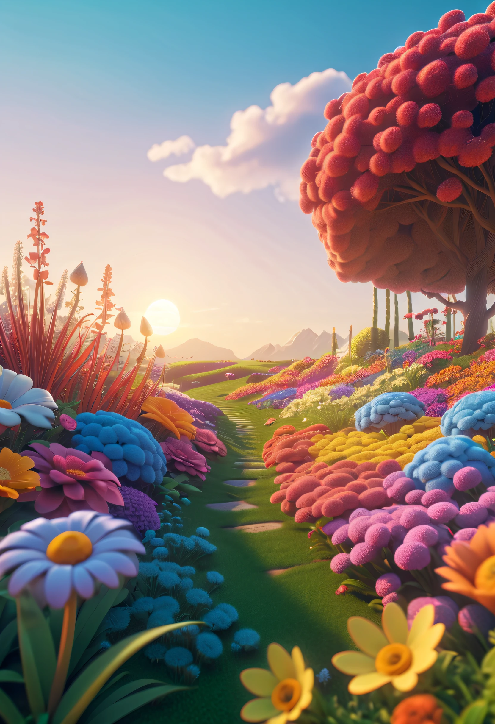 Surreal scenes, Outdoor grounding, Clean, simple, spacious background, Bright light, Low saturation, Dopamine color, A few colorful diffuse gradients and natural elements such as flowers, Use creative and imaginative visual elements to add interest and depth to the scene, C4D, Octane rendering, HD8K