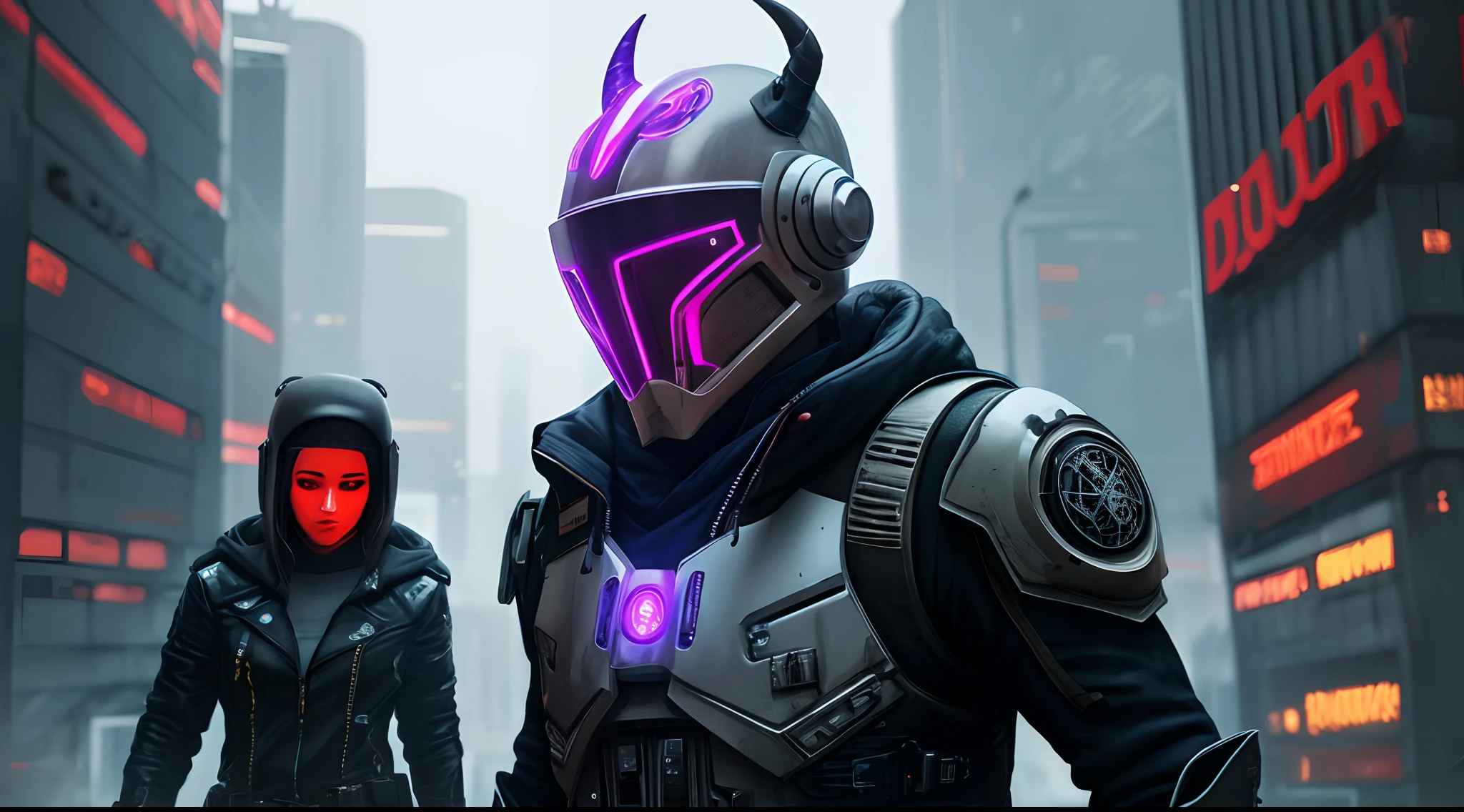 Cyberpunk Style, Cyberhelmet With Devil Horns, LED, Bounty Hunter, 4K, High Quality, High Resolution