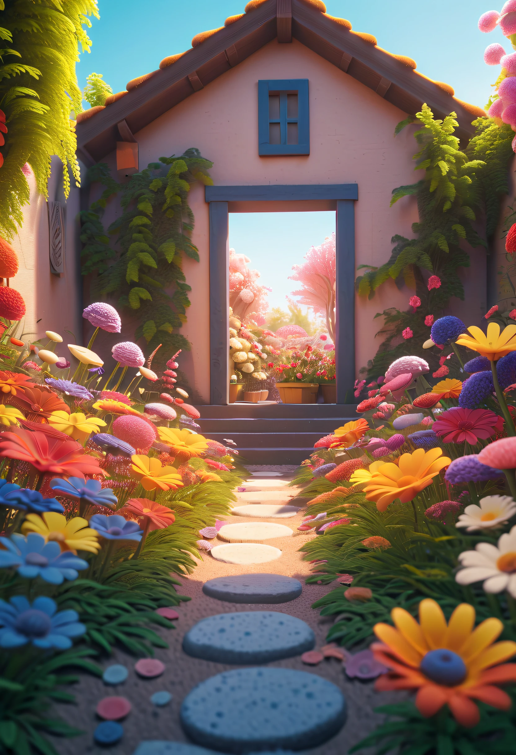 Surreal scenes, Outdoor grounding, Clean, simple, spacious background, Bright light, Low saturation, Dopamine color, A few colorful diffuse gradients and natural elements such as flowers, Use creative and imaginative visual elements to add interest and depth to the scene, C4D, Octane rendering, HD8K