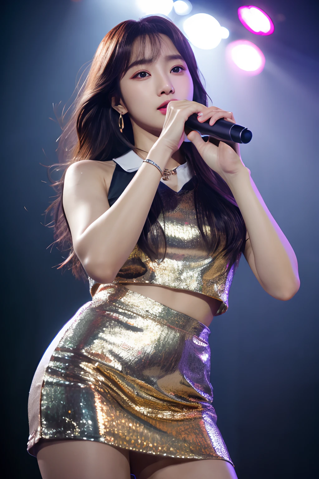 4k, high-res, best quality, (Korean idol), finely detailed skin, smooth face, sharp focus, (cinematic lighting), soft lighting, dynamic angle, [:(detailed face:1.2):0.3], During a K-pop concert, she wears a stylish outfit to dance and sing along, skm_hana