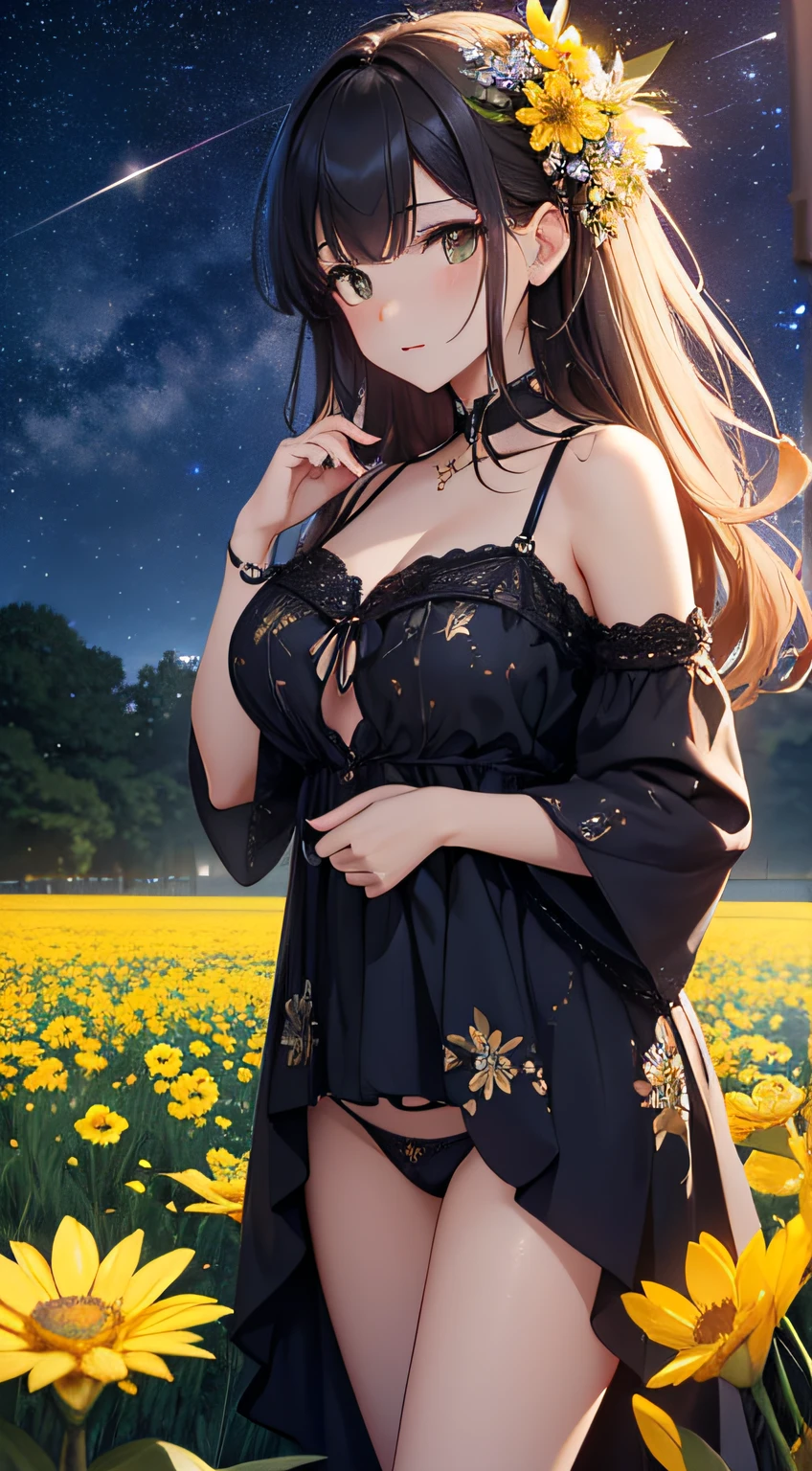 masterpiece、Background with((Fantastic starry sky、kosmos、Meteor swarm、Luminescent yellow flowers all over the place、flower field))、About 30 years old、a beauty girl、glamor、huge tit、It's so big that it almost overflows from your clothes、Great embroidery on a yellow mini dress with a lot of exposed skin、No Shoulder、Exposing the chest、Taking it off、She wears her hair in a beautiful floral ornament、heavy wind、pantiy、Underwear is visible