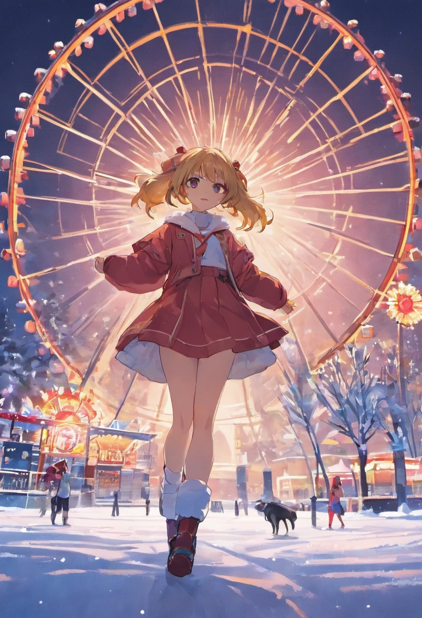 Arafi vehicle driving on a snowy field,The background is the Ferris wheel, 2 0 2 2 photo, stunning images, Beautiful image, It snows in the city,It snowed a lot, ( Ferris wheel ), heavy winter aesthetics, YouTube video screenshots, Uptrend ,, stunning visuals, video still, shot from drone, beautiful aesthetic, weather photography, absolutely outstanding image,