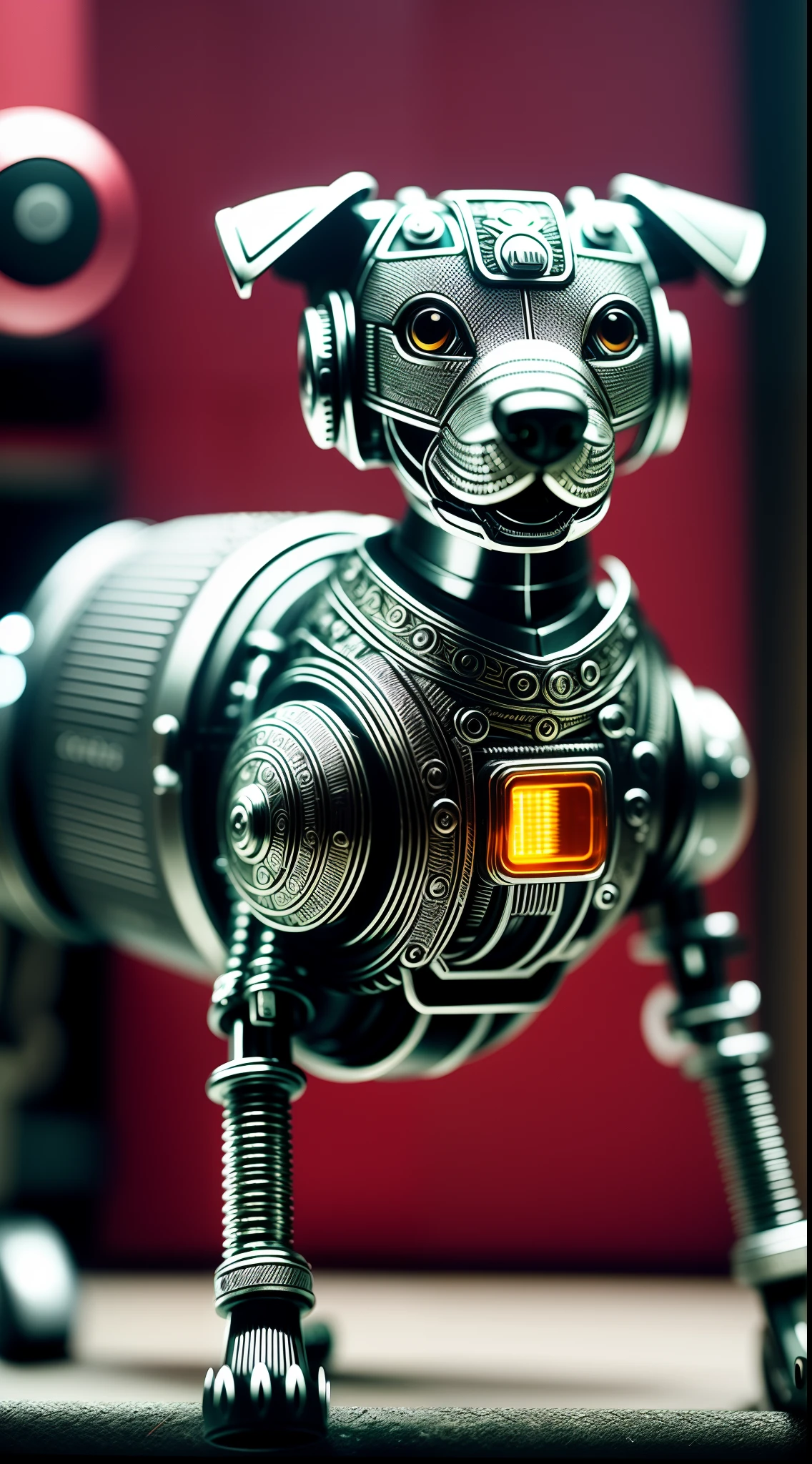 A cute dog made of metal, (Cyborg:1.1), ([Tail | detailed wire]:1.3), (Intricate details), hdr, (Intricate details, ultra - detailed:1.2), cinema shot, Vignette, Centered