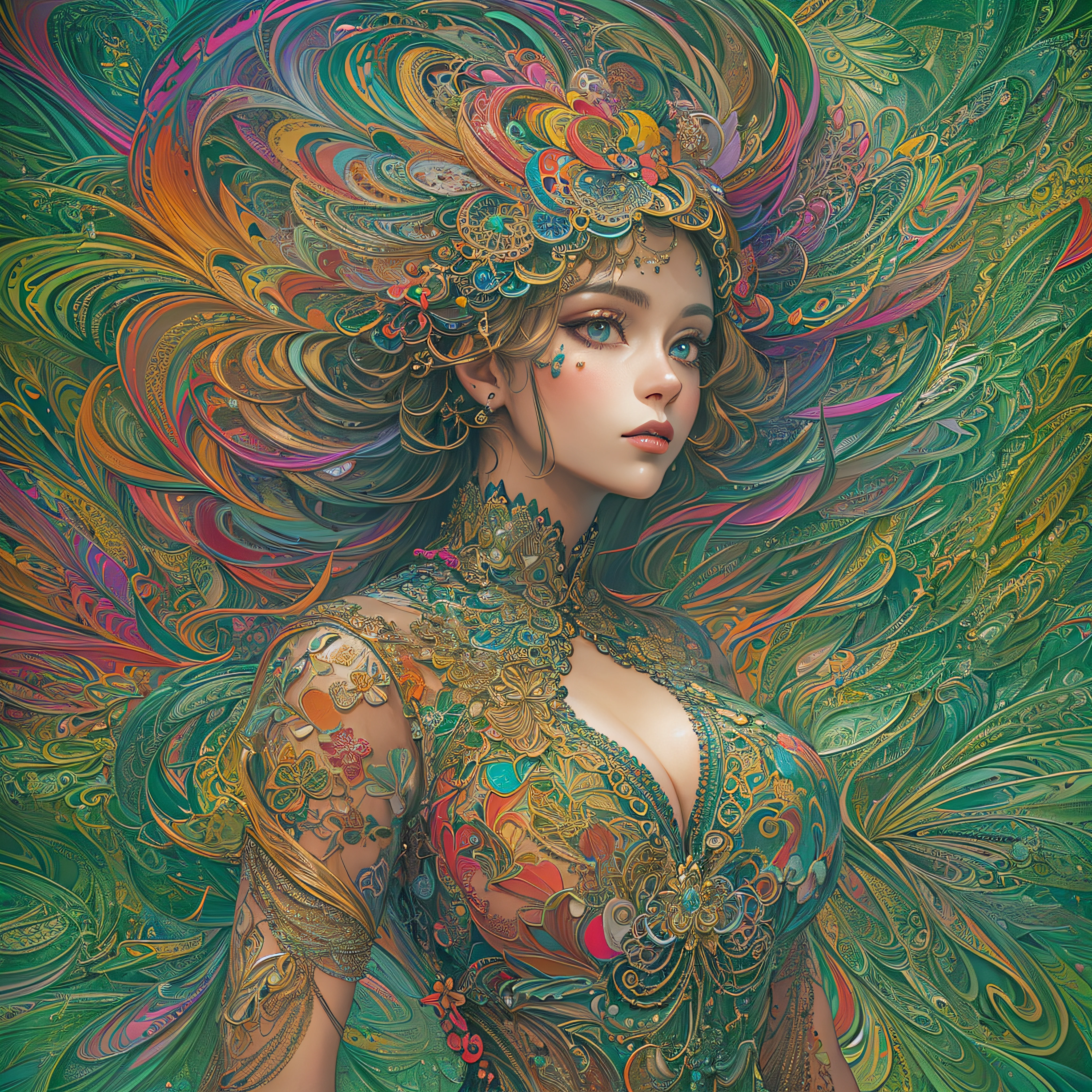 (masterpiece, top quality, best quality, official art, beautiful and aesthetic:1.2), (1girl:1.3), extremely detailed,(fractal art:1.2),colorful,highest detailed,(zentangle:1.2), (dynamic pose), (abstract background:1.5), (treditional dress:1.2), (shiny skin), (many colors:1.4), upper body