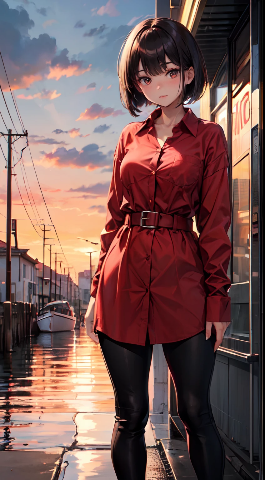top quality,16K, masterpiece, beautiful high school girl, Light brown beautiful bob hair, Light brown beautiful eyes, looking at viewer, Light brown medium bob hair, plump breast, standing open legs, sunset seashore, orange sky, beautiful clouds, BREAK (red theme:1.4), (tucked out and button-up oversized red collared-shirt dress with red shirt-hem:1.5), (long sleeves:1.2), ((collarbone, wrist):1.3), BREAK (black theme:1.2), (black tight long-pants:1.2), (ankle:1.3),