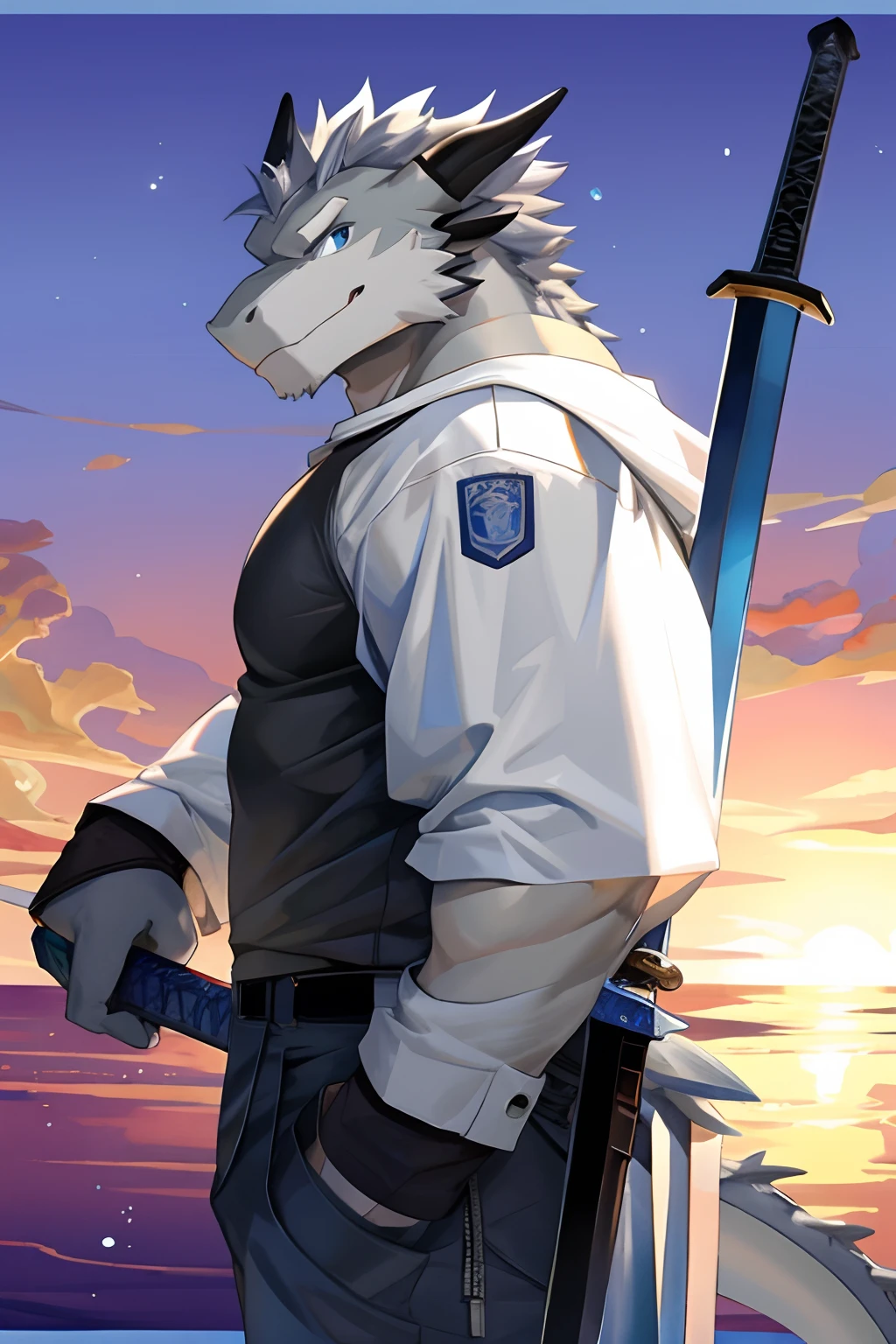 Solo, Male, Gray Furry Dragon, Gray Medium Hair, Blue Eyes, Muscular, Cool Pose, Good Looking, Handsome, Right Hand Holding Sword