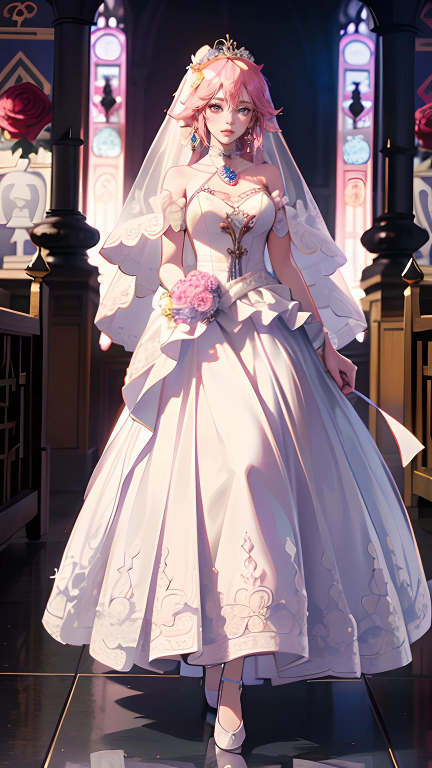 Neon,full body,Genshin Impact:Yae Miko,(((Wearing palace wedding dress, Long skirt, large hem,Fabric: Chiffon ))), in Pink Rose Castle, Masterpiece,best quality,extremely detailed 3DCG, Cinema-4D ,8k,Photorealistic， ( ##tattoo ##,tattoo, ~+ tattoo), (erfec...