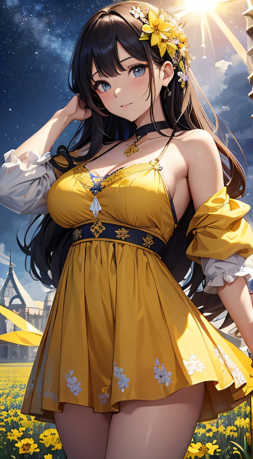 masterpiece、Background with((kosmos、meteors、black hole、Fantastic flower garden emitting light))、About 20 years old、a beauty girl、huge tit、Great embroidery on a yellow mini dress with slits、No Shoulder、Exposing the chest、hair adornments、heavy wind、pantiy
