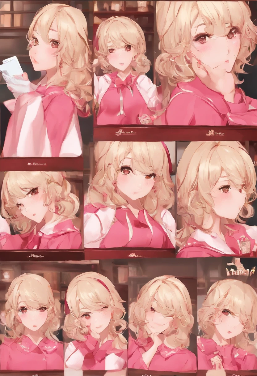 Guy turning into a a stunningly cute 19 year old girl, blonde hair with bright all pink highlights, 8 poses and steps (astonishment, doubt, confusion, having fun，exhilarated，big laughter，tender angry，, Touch your head，Sell moe，wait) ，Anthropomorphic style, step by step, M2F, Transition,