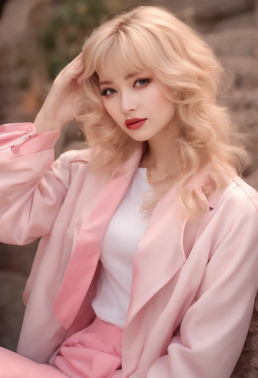 Guy turning into a a stunningly cute 19 year old girl, blonde hair with bright all pink highlights, 8 poses and steps (astonishment, doubt, confusion, having fun,exhilarated,big laughter,tender angry,, Touch your head,Sell moe,wait) ,Anthropomorphic style, step by step, M2F, Transition,