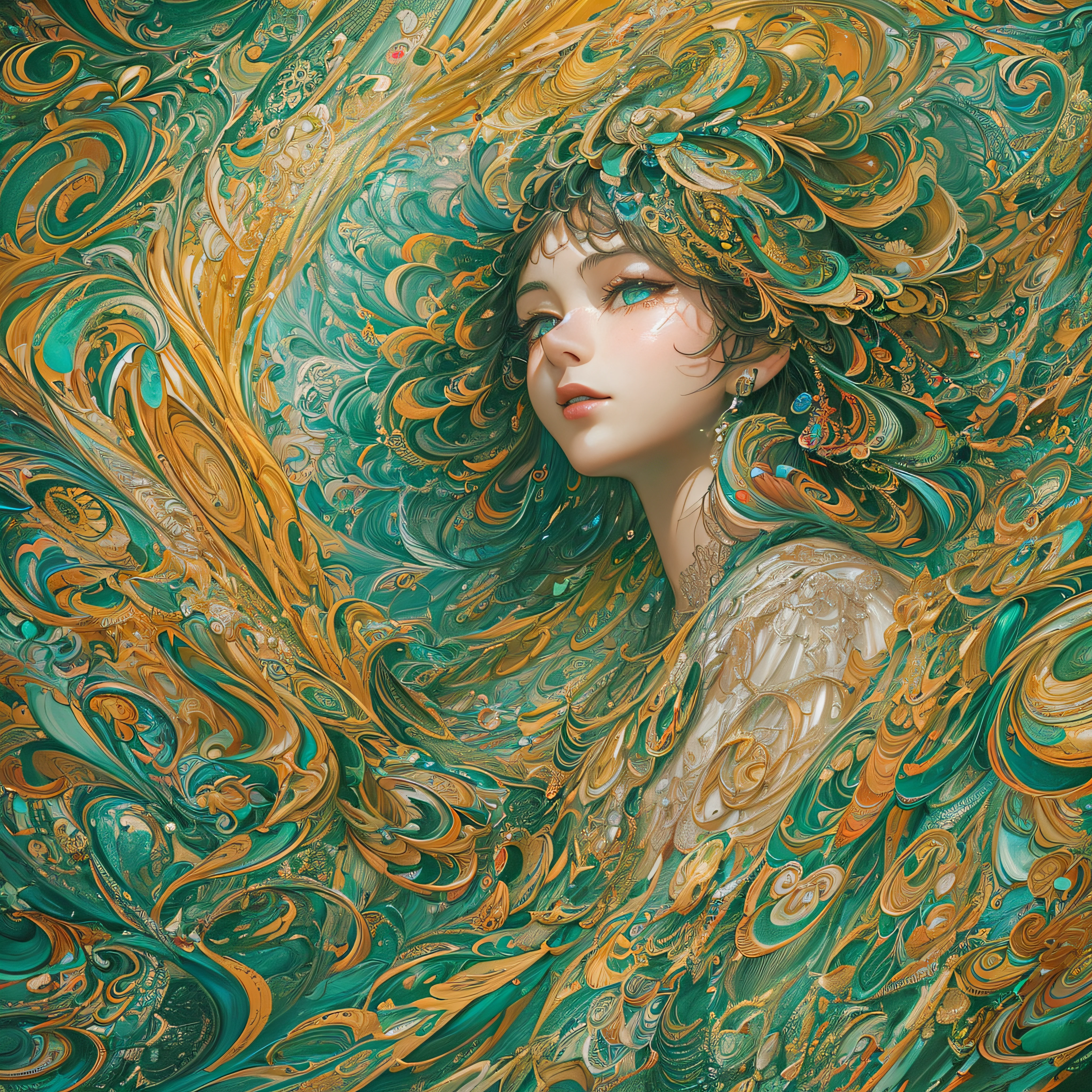 (masterpiece、top-quality、top-quality、Official art、Beautifully Aesthetic:1.2)、Highly detailed fractal art、(colourfull:1.5)、highest details、Zentangle、a closeup、 (1girl in:1.5), 独奏, (dynamicposes), (Abstract background:1.5), (shinny skin),