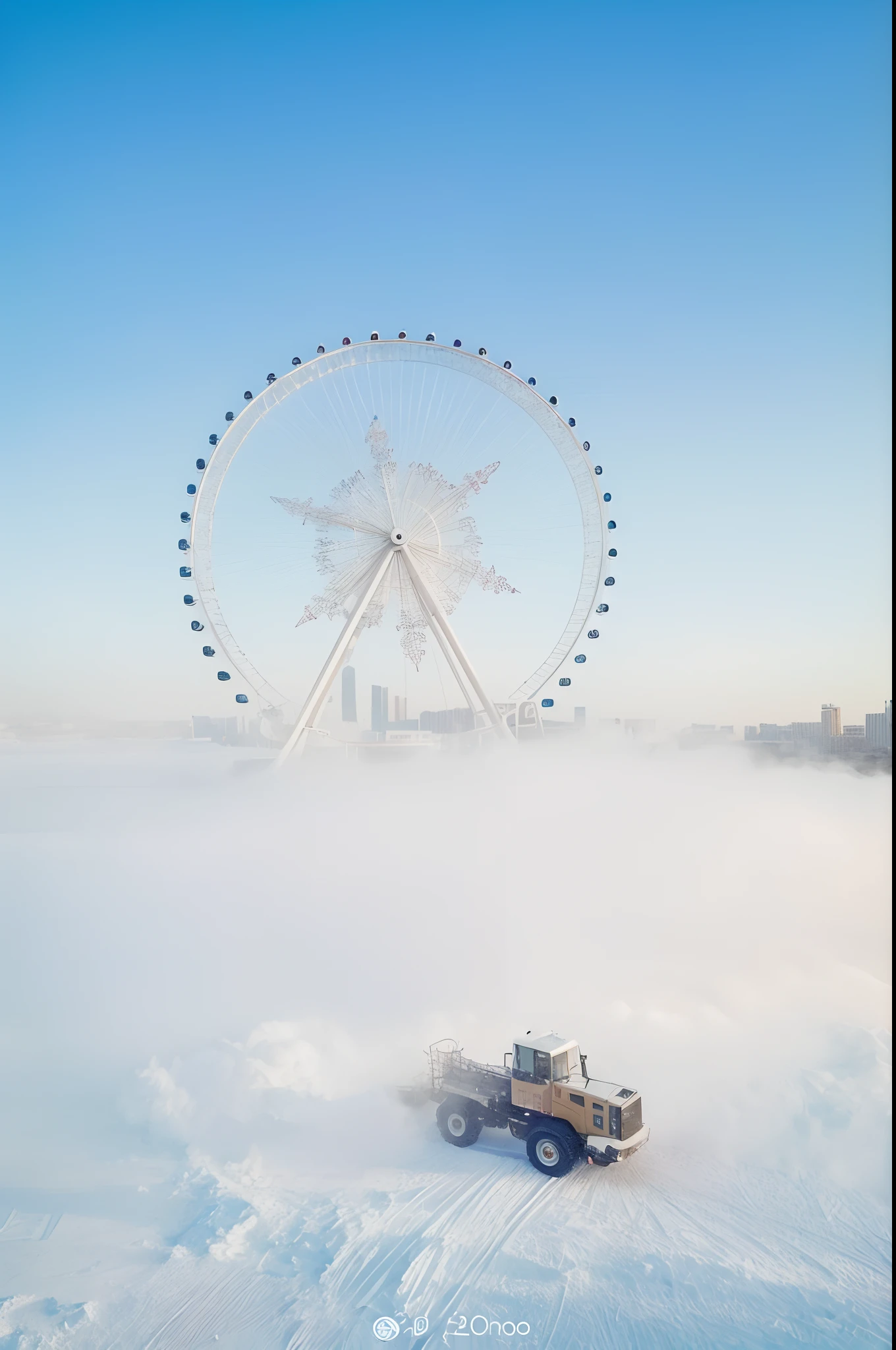 Arafi vehicle driving on a snowy field，The background is the Ferris wheel, 2 0 2 2 photo, stunning images, Beautiful image, It snows in the city，It snowed a lot, ( Ferris wheel ), heavy winter aesthetics, YouTube video screenshots, Uptrend ，, stunning  visuals, video still, shot from drone, beautiful aesthetic, weather photography, absolutely outstanding image, drone photography