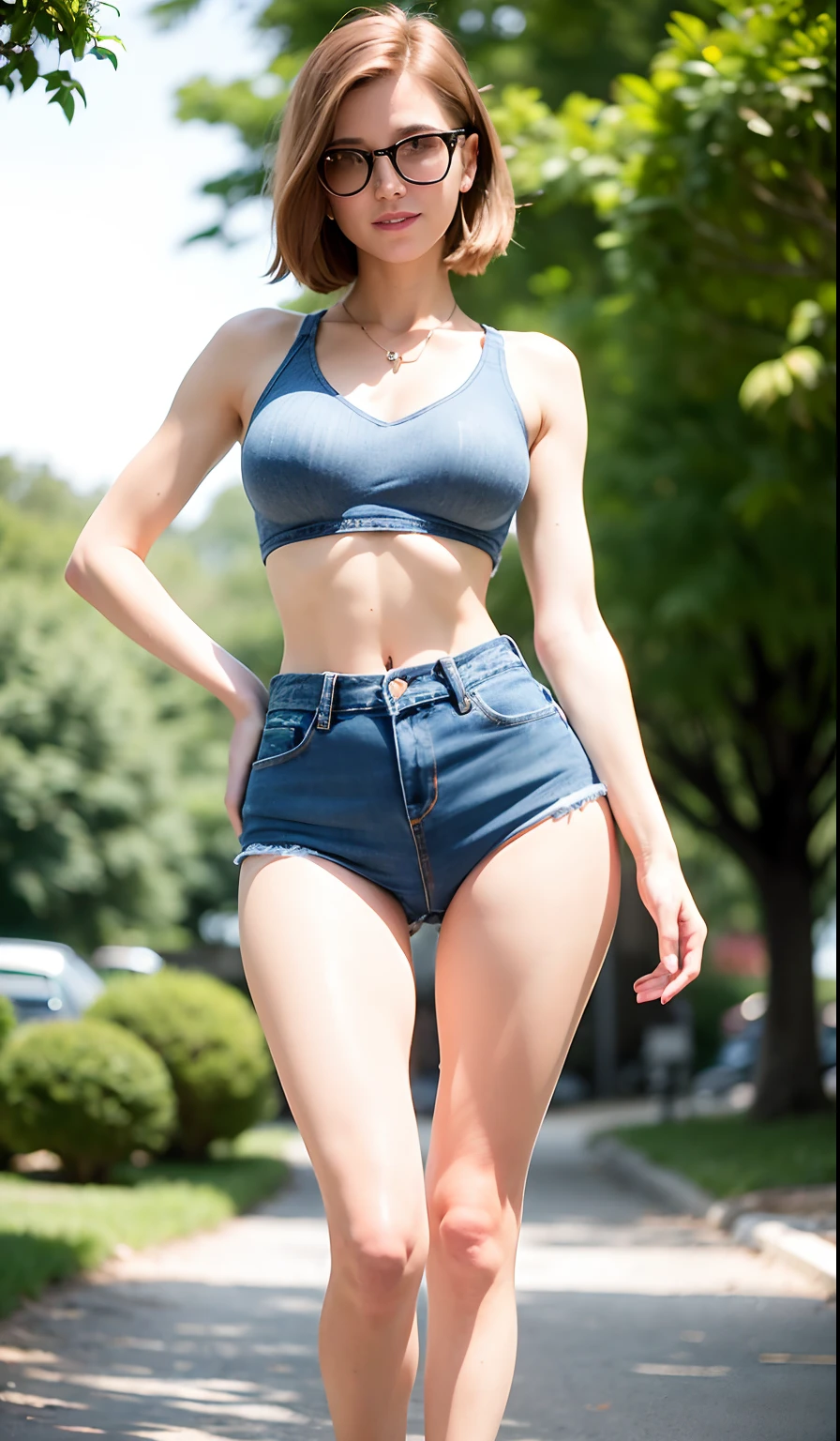 A portrait woman with a turquoise hair in a strapless dark blue top, a white shorts with a belt, and brown shoes with dark blue socks under it, the house background, smile, natural breast; hands on hips; thick thighs; blurry background; sharp focus; highly detailed; professional shot