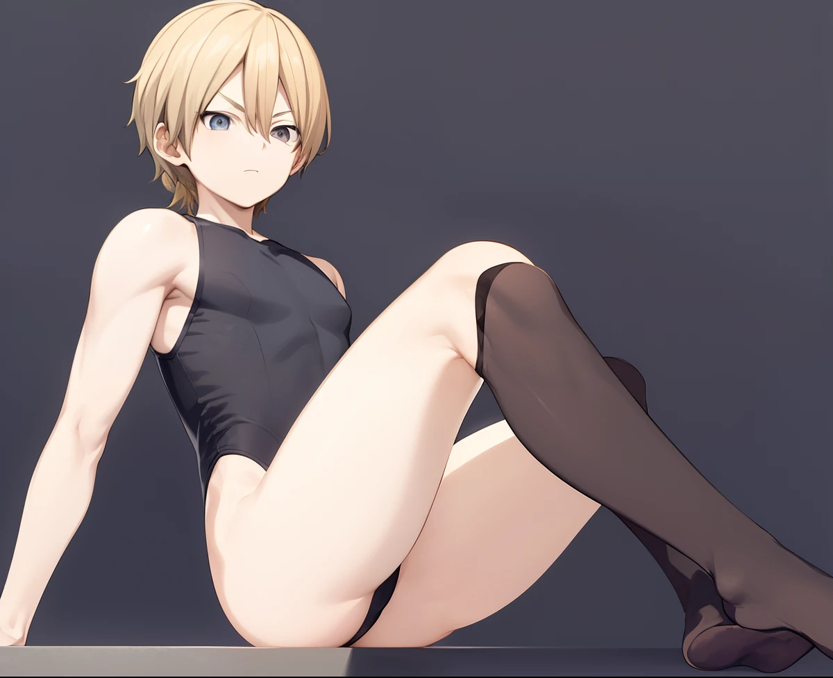 Anime boy in black leotard sitting on floor, Anime boy in white tights sitting on the floor, Anime boy with blonde tied hair sitting on the floor, Strongest Pose, elegant floating pose, wearing leotard, dramatic floating pose, anime pose, Beautiful Boys, relaxed poses, Cool pose, Leotard, Thin shoulder straps, strong pose, doing an elegant pose, pretty face with arms and legs, fully body pose, neutral pose, Poses variadas