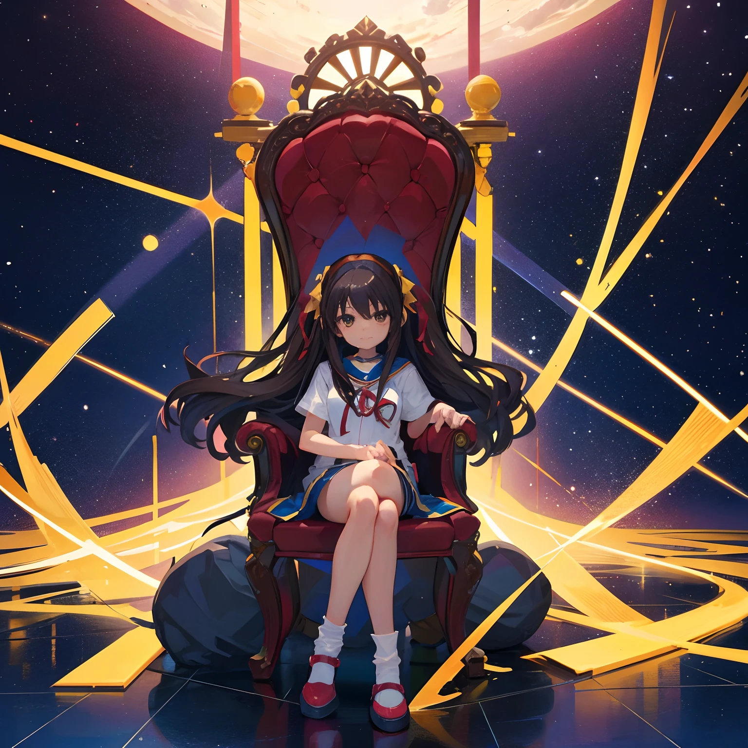 frontage　suzumiya haruhi　sitting in a throne　the background is the universe