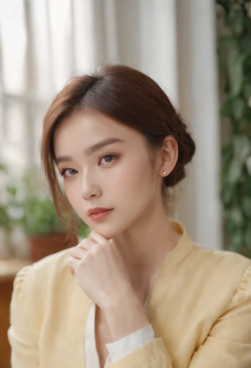 Close up of young woman's face, Her hand rests on a piece of paper on her chin and poses,Yellow people，teens girl ，short detailed hair，White and tender skin，Wear a school uniform.Big eyes，Classroom Background，8K, Best quality, Masterpiece, 超高分辨率, (Realism: 1.4), Original photo, (Realistic skin texture: 1.3), (filmgrain: 1.3），Best quality,, (Fine details), (Intricate details), Cinematic light, Clear lines,