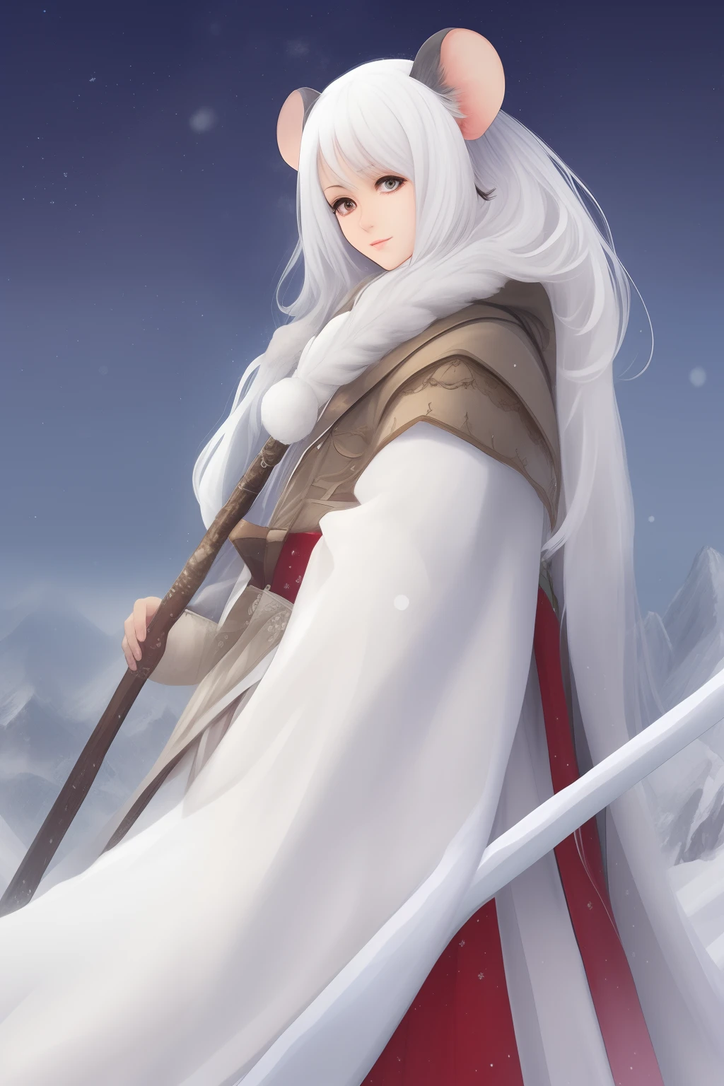 Anime, Mouse ears, mouse tale, woman, mature, winter, winter cloths, mountain, white long hair, druid, staff