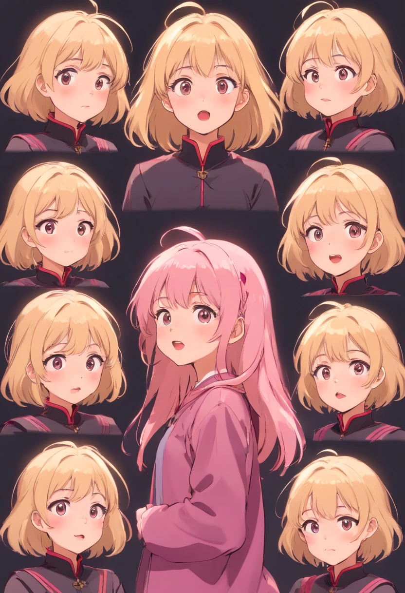 Guy turning into a a stunningly cute 19 year old girl, blonde hair with bright all pink highlights, 8 poses and steps (astonishment, doubt, confusion, having fun，exhilarated，big laughter，tender angry，, Touch your head，Sell moe，wait) ，Anthropomorphic style, step by step, M2F, Transition, black
stroke，differentemotions，9 poses and expressions，8K
