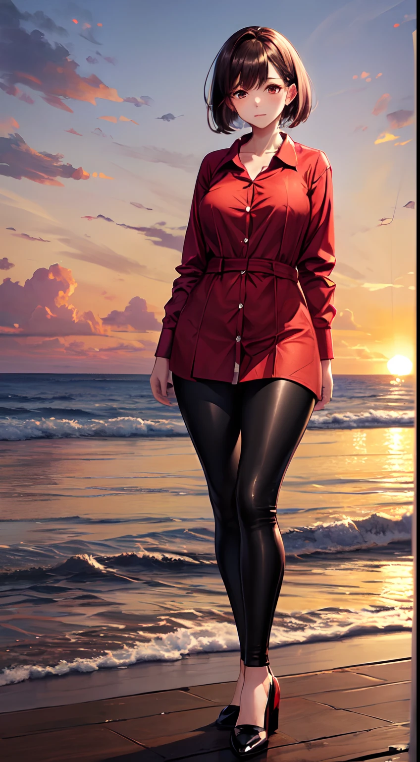 top quality,16K, masterpiece, beautiful high school girl, Light brown beautiful bob hair, Light brown beautiful eyes, looking at viewer, Light brown medium bob hair, plump breast, standing open legs, sunset seashore, orange sky, beautiful clouds, BREAK (red theme:1.4), (tucked out and button-up oversized red collared-shirt dress with red shirt-hem:1.5), (long sleeves:1.2), ((collarbone, wrist):1.3), BREAK (black theme:1.2), (black tight long-pants:1.2), (ankle:1.3),