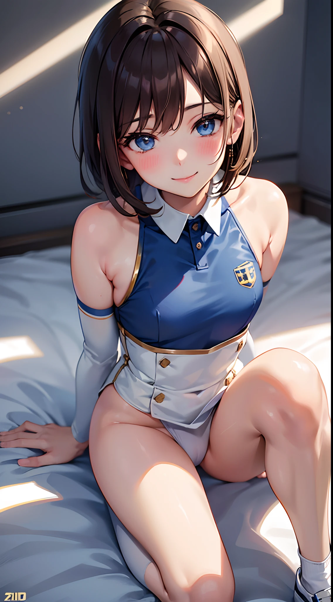 femele,12 years old,Brown hair,White and blue silk basketball uniform,Shorthair,Blue eyes,Mansuji, A smile,,I see underwear,full body Esbian, (Close Shot, Best Quality, hight resolution, 4K, Detailed Lighting, Shaders, NSFW), Smiling, ( Blushing:1.2)sitting on,Legs wide open,small tits,