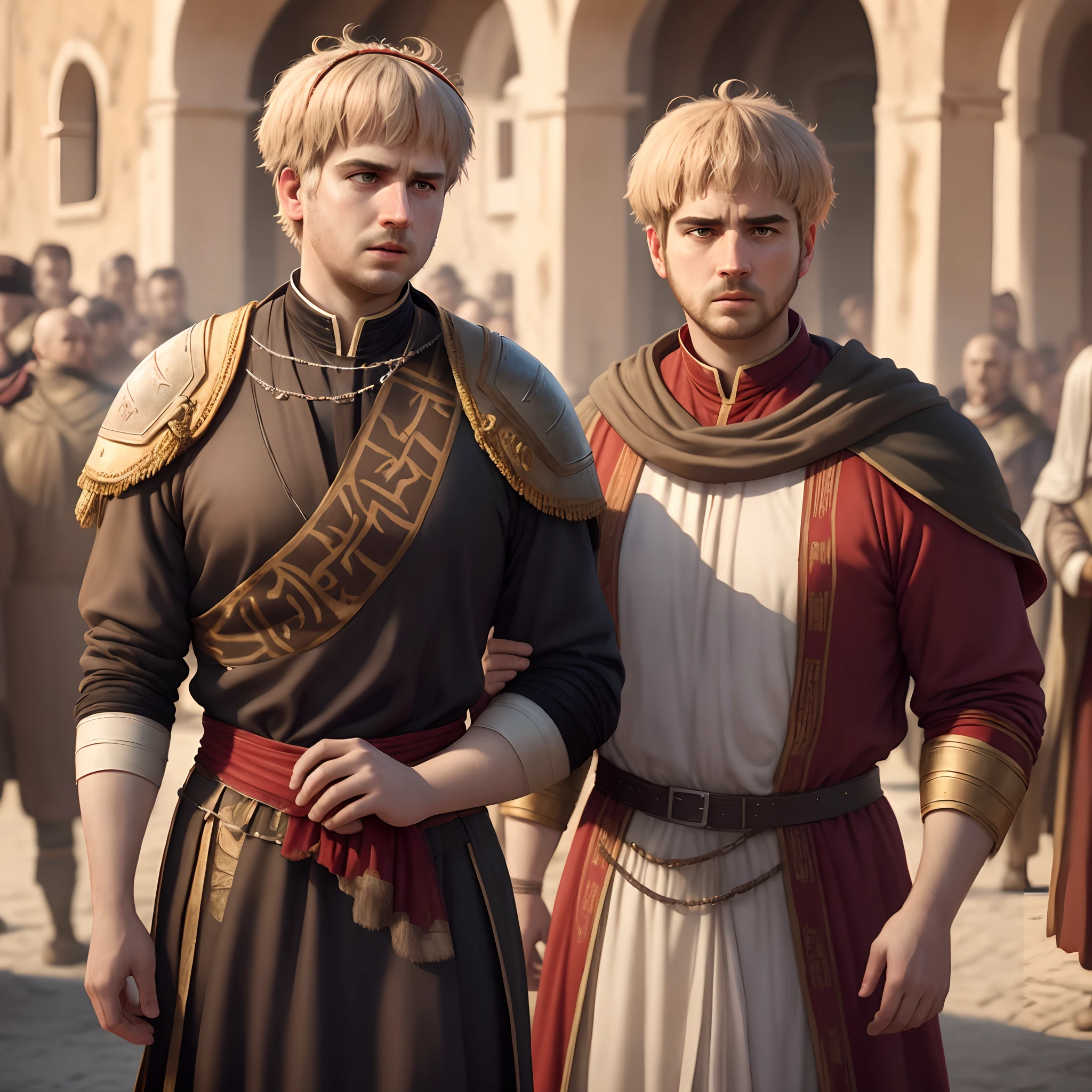 Emperor Nero among rome peoples, realistic detailed, medieval cinematic scene, 8k